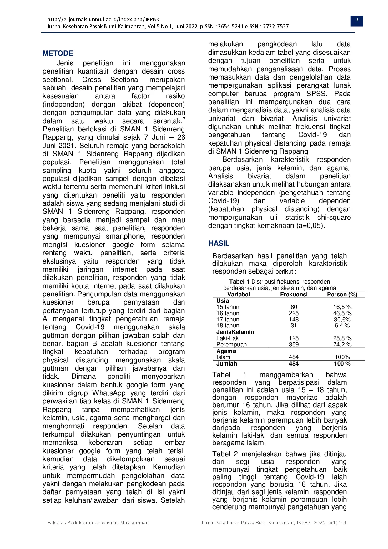 JURIS Relationship Level of Knowledge About Covid 19 With Physical Distancing Program Compliance in Adolescents
