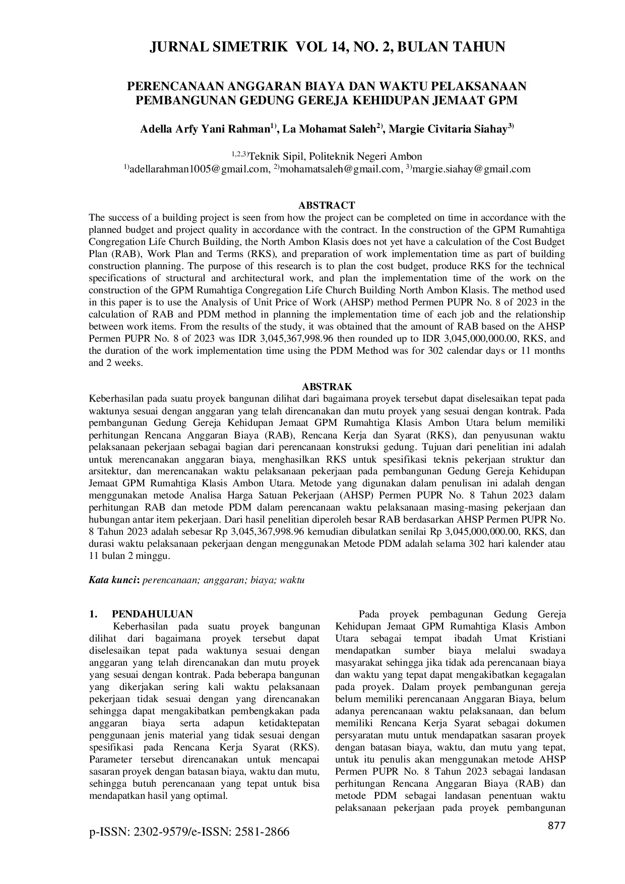 JURIS Perencanaan Anggaran Biaya Dan Waktu Pelaksanaan Pembangunan Gedung Gereja Kehidupan Jemaat Gpm