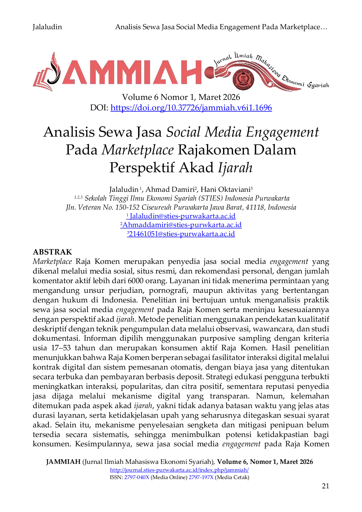 JURIS Analisis Sewa Jasa Social Media Engagement Pada Marketplace Rajakomen Dalam Perspektif Akad Ijarah