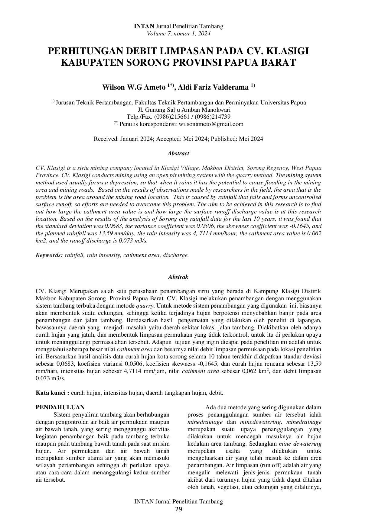 JURIS Perhitungan Debit Limpasan Pada CV Klasigi Kabupaten Sorong Provinsi Papua Barat
