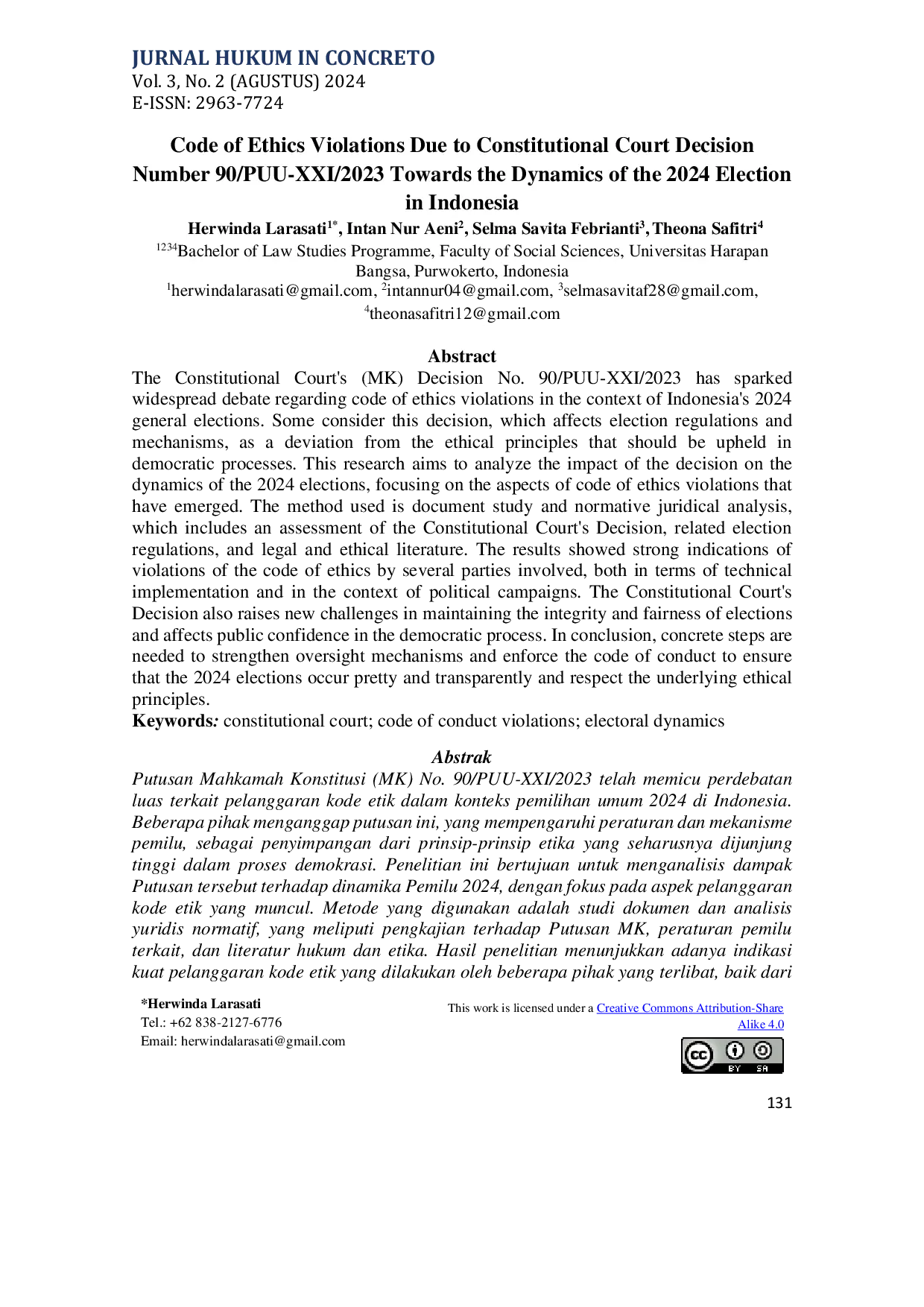 JURIS Code of Ethics Violations Due to Constitutional Court Decision Number 90 PUU XXI 2023 Towards the Dynamics of the 2024 Election in Indonesia