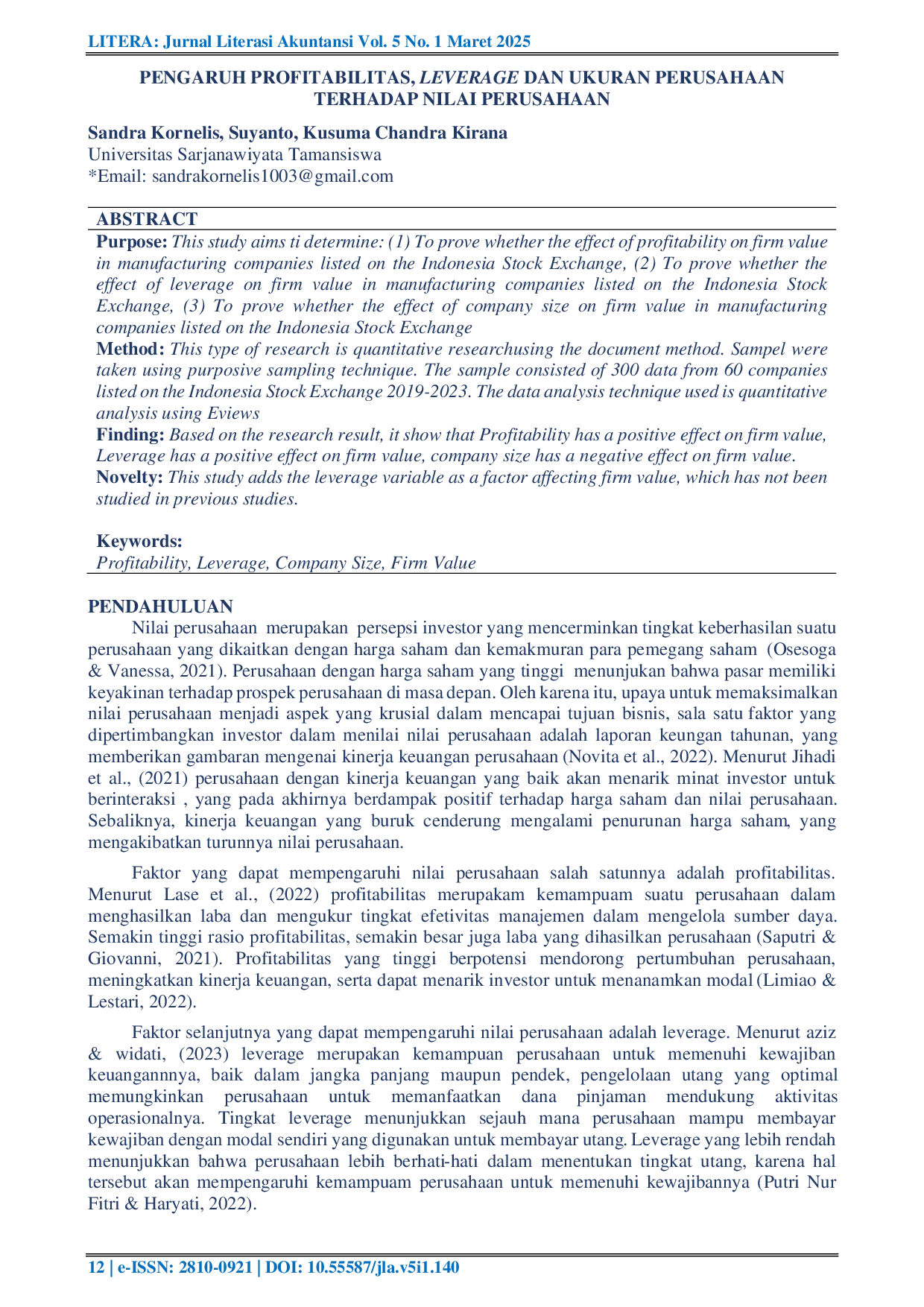 JURIS The Influence of Profitability Leverage and Company Size on Company Value