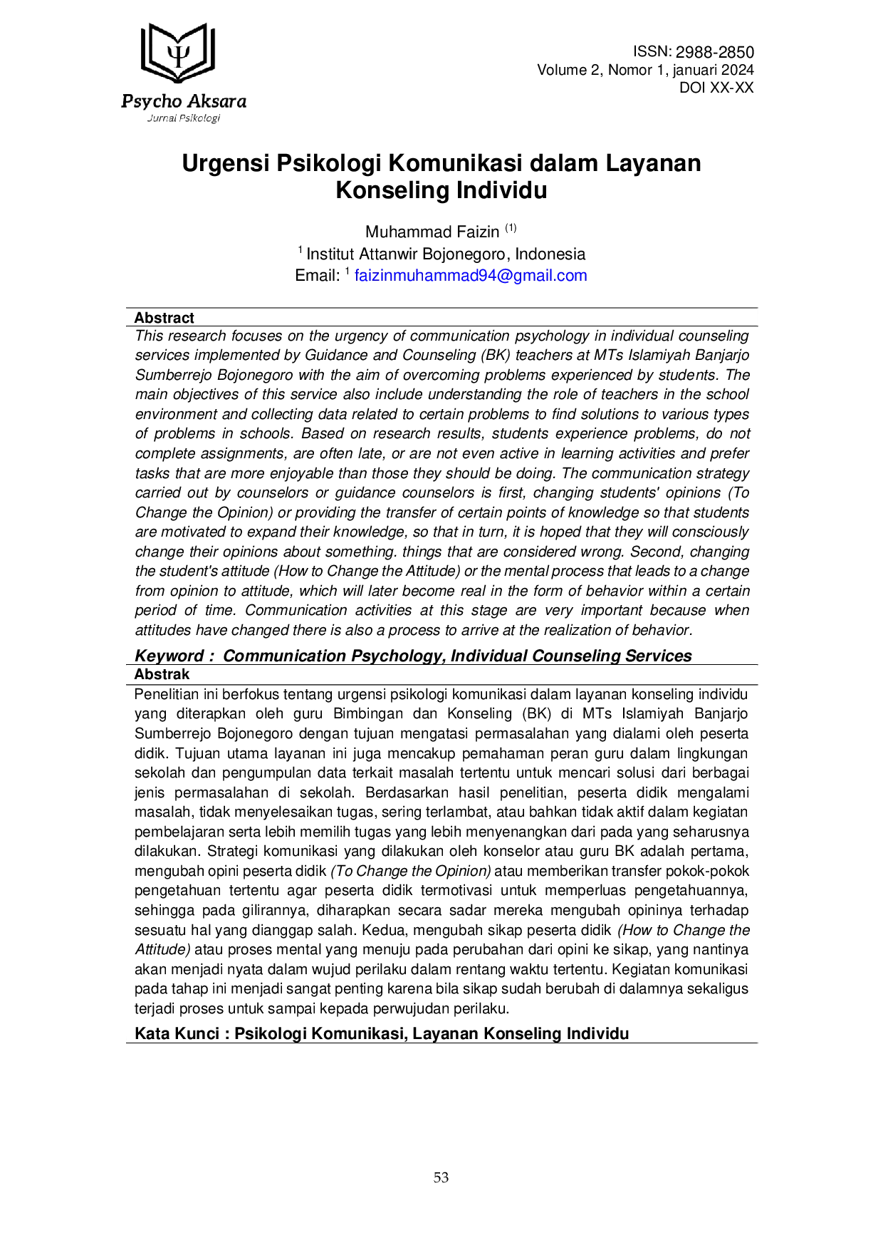 JURIS Urgensi Psikologi Komunikasi dalam Layanan Konseling Individu