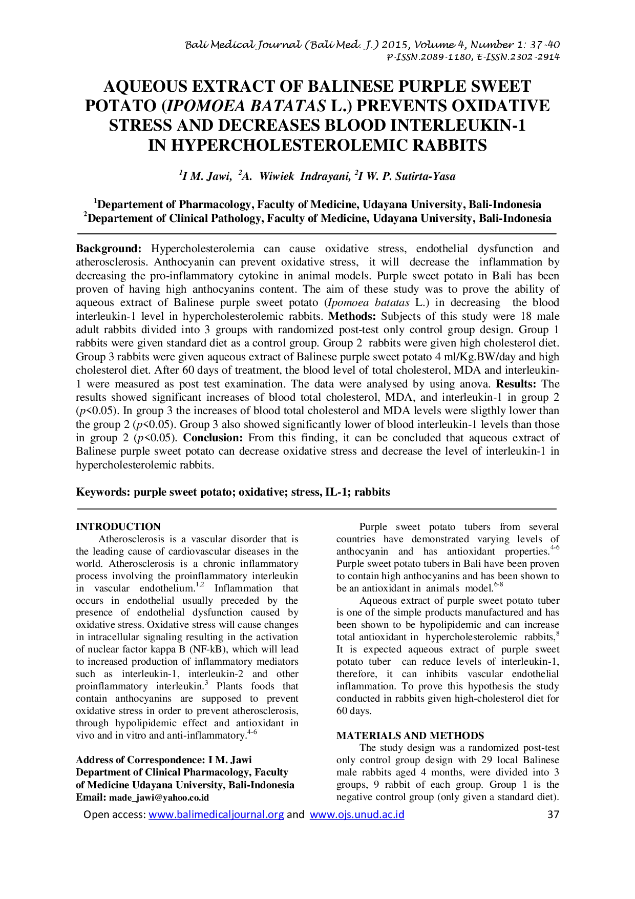 juris Aqueous Extract of Balinese Purple Sweet Potato Ipomoea Batatas L Prevents Oxidative Stress and Decreases Blood Interleukin 1 in Hypercholesterolemic Rabbits