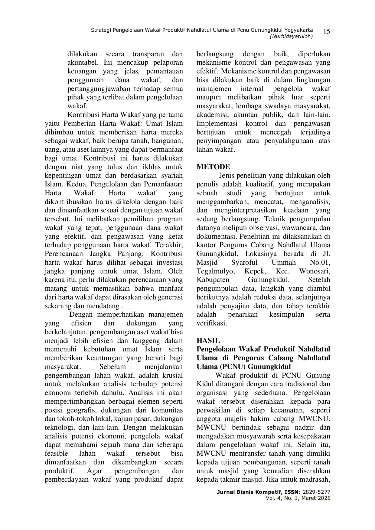 JURIS Strategi Pengelolaan Wakaf Produktif Nahdlatul Ulama Di Pcnu Gunungkidul Yogyakarta
