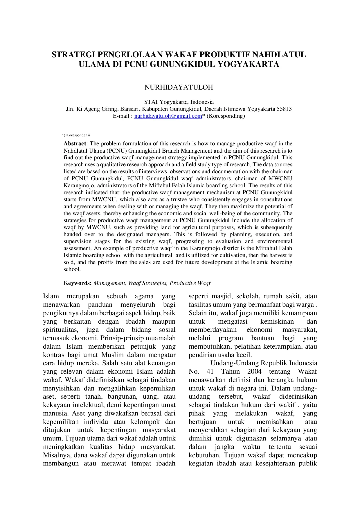 JURIS Strategi Pengelolaan Wakaf Produktif Nahdlatul Ulama Di Pcnu Gunungkidul Yogyakarta