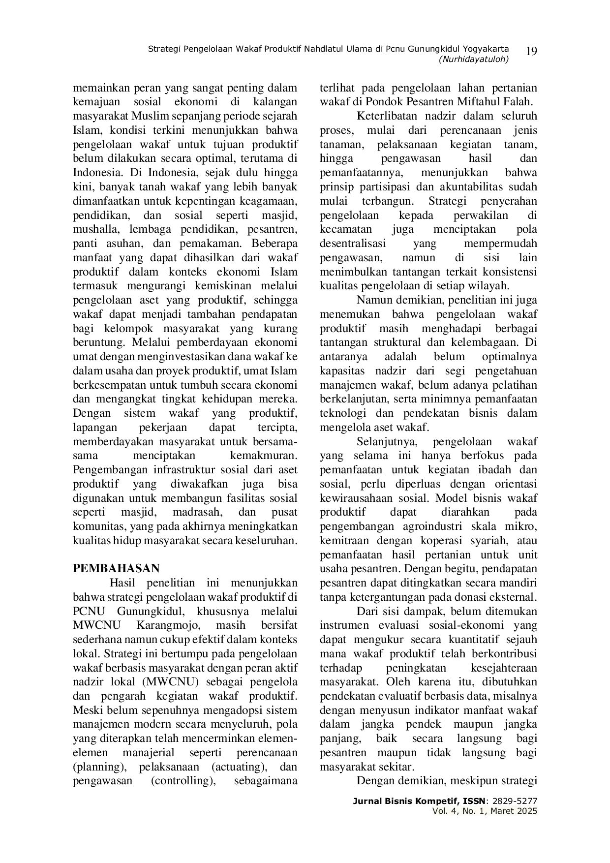 JURIS Strategi Pengelolaan Wakaf Produktif Nahdlatul Ulama Di Pcnu Gunungkidul Yogyakarta