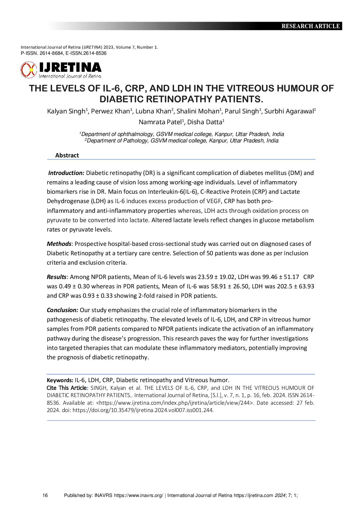 JURIS THE LEVELS OF IL 6 CRP and LDH IN THE VITREOUS HUMOUR OF DIABETIC RETINOPATHY PATIENTS