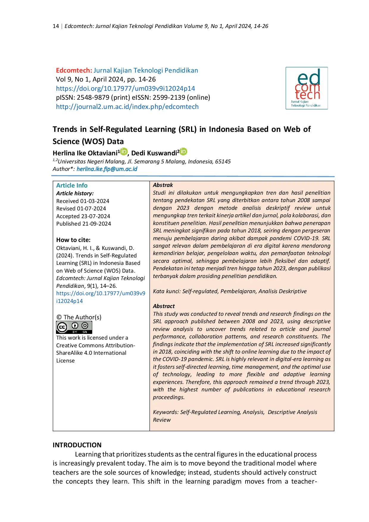 JURIS Trends in Self Regulated Learning SRL in Indonesia Based on Web of Science WOS Data
