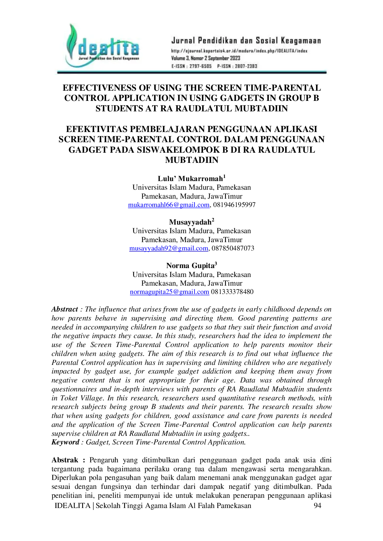 JURIS Effectiveness Of Using The Screen Time Parental Control Application In Using Gadgets In Group B Students At Ra Raudlatul Mubtadiin