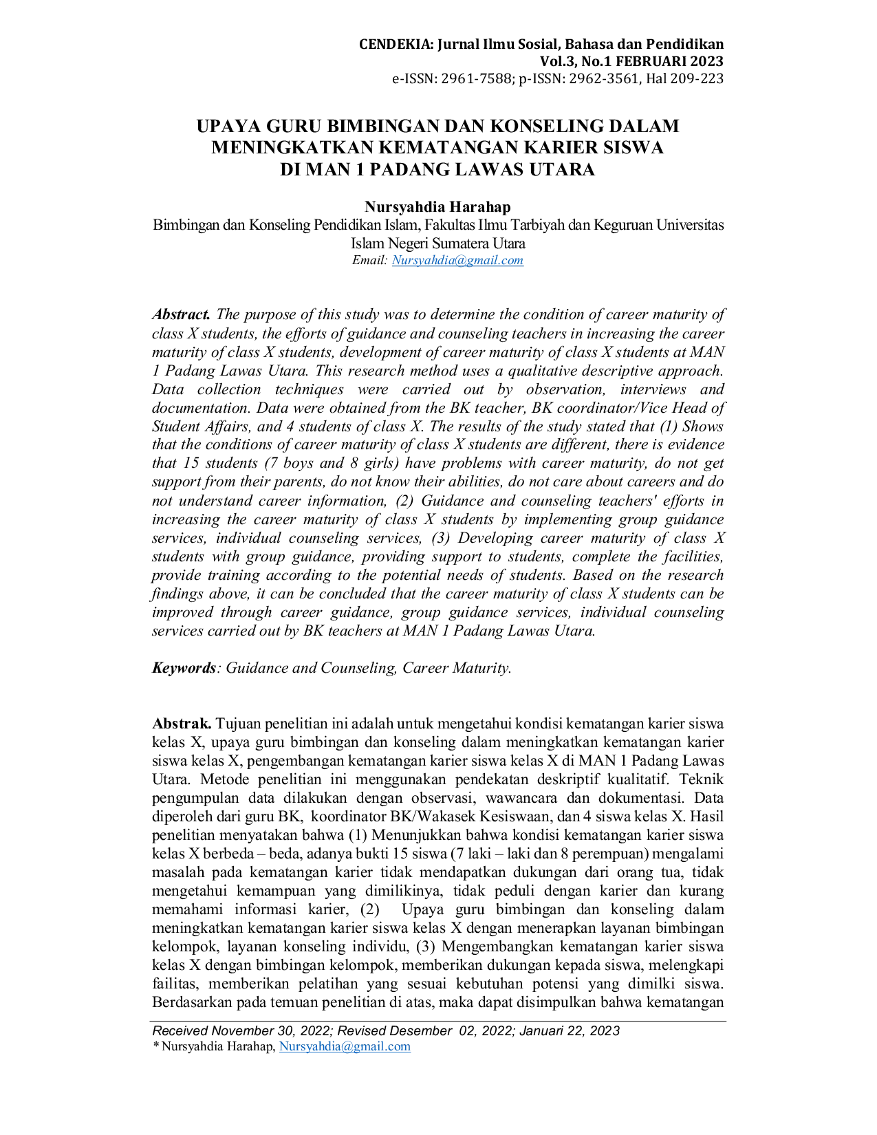 JURIS Upaya Guru Bimbingan dan Konseling dalam Meningkatkan Kematangan Karier Siswa di MAN 1 Padang Lawas Utara