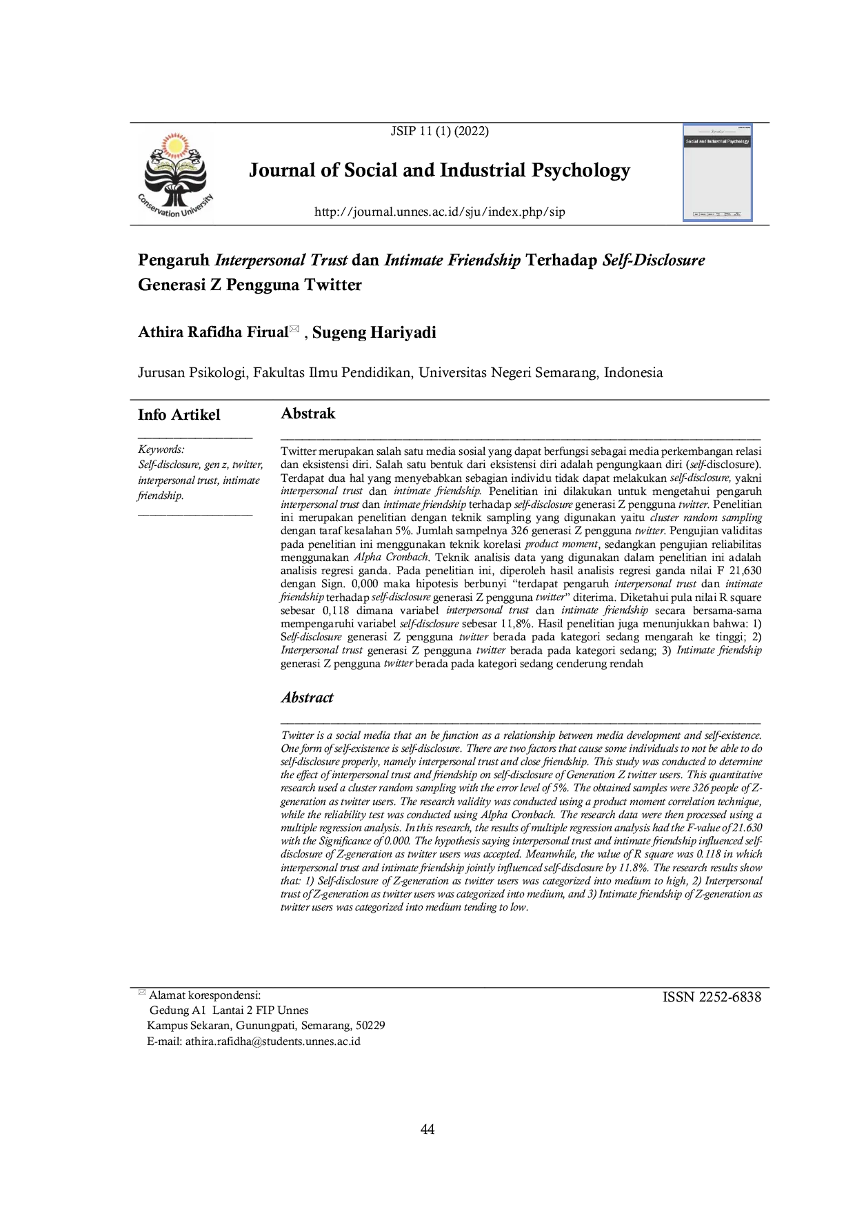 JURIS Pengaruh Interpersonal Trust dan Intimate Friendship Terhadap Self Disclosure Generasi Z Pengguna Twitter