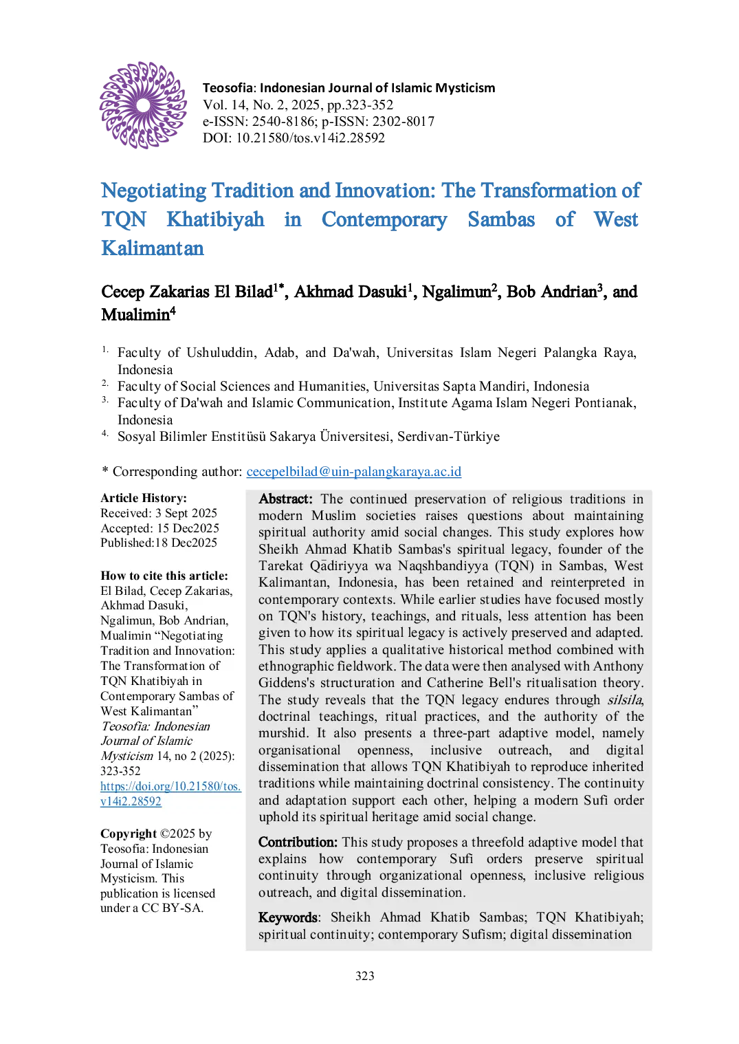 JURIS Negotiating Tradition and Innovation The Transformation of TQN Khatibiyah in Contemporary Sambas of West Kalimantan