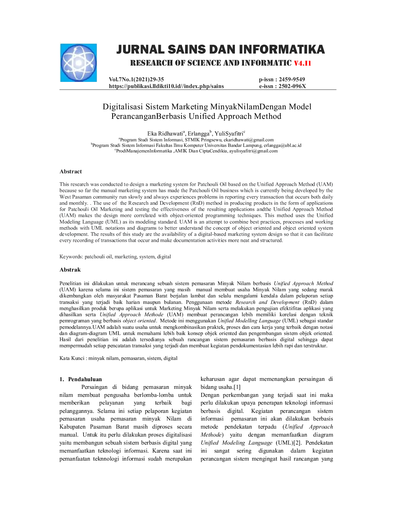 JURIS Digitalisasi Sistem Marketing Minyak Nilam Dengan Model Perancangan Berbasis Unified Approach Method