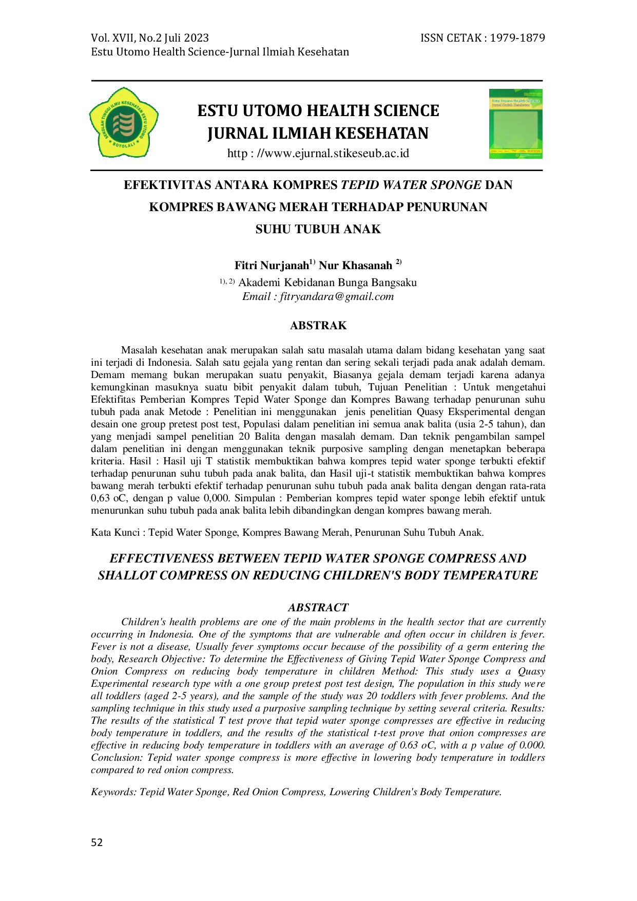 JURIS Efektivitas Antara Kompres Tepid Water Sponge Dan Kompres Bawang Merah Terhadap Penurunan Suhu Tubuh Anak