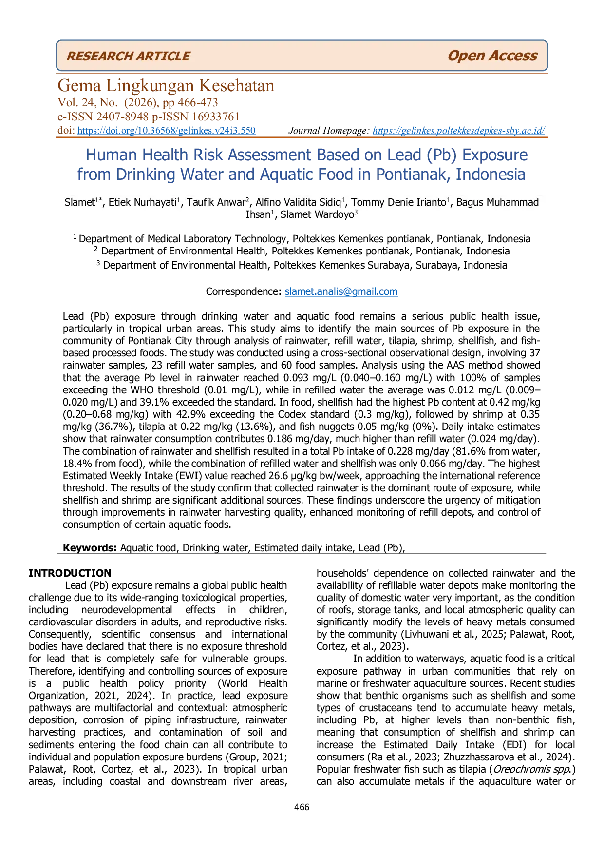 JURIS Human Health Risk Assessment Based on Lead Pb Exposure from Drinking Water and Aquatic Food in Pontianak Indonesia