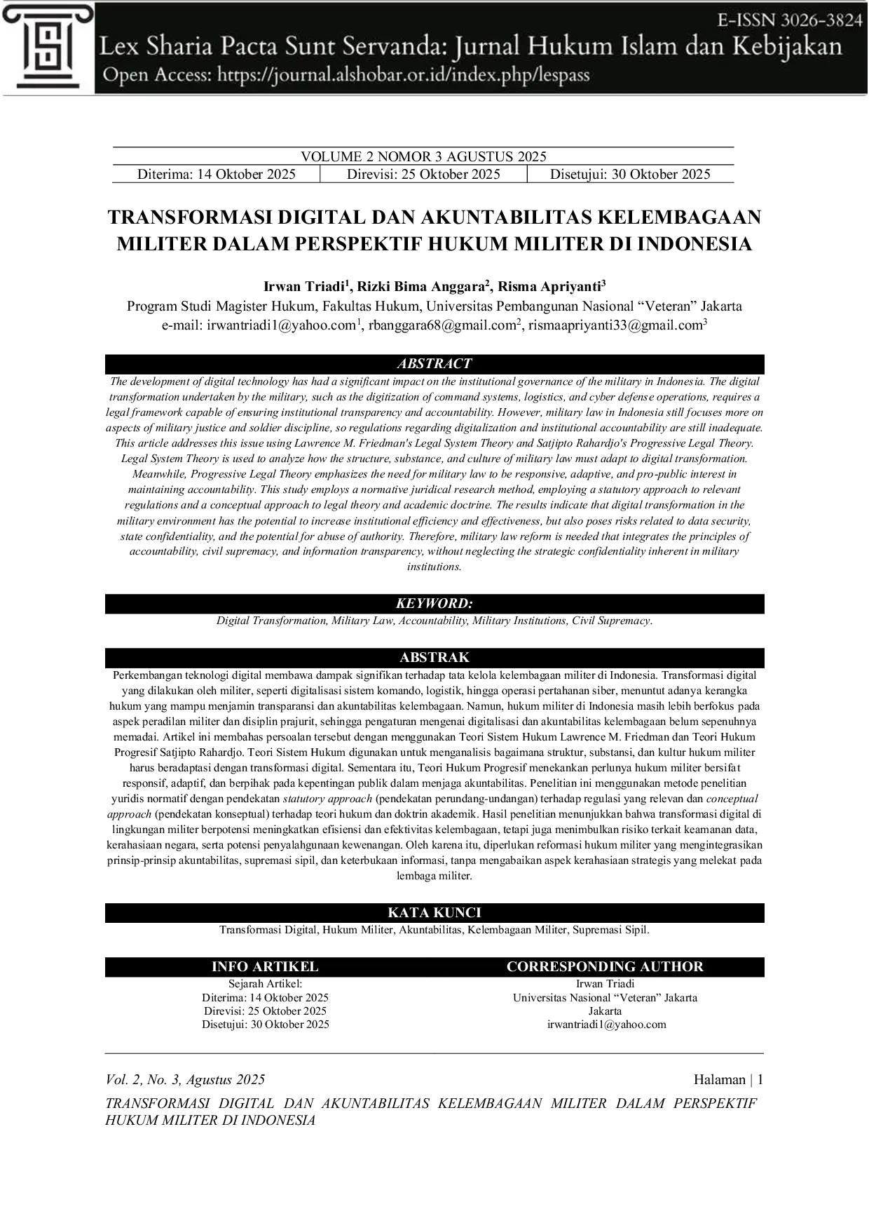 JURIS Transformasi Digital dan Akuntabilitas Kelembagaan Militer dalam Perspektif Hukum Militer di Indonesia