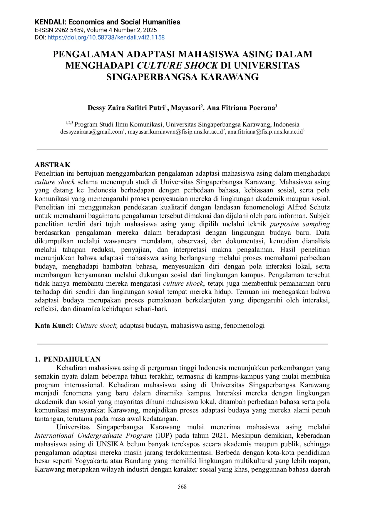 JURIS Pengalaman Adaptasi Mahasiswa Asing dalam Menghadapi Culture Shock di Universitas Singaperbangsa Karawang