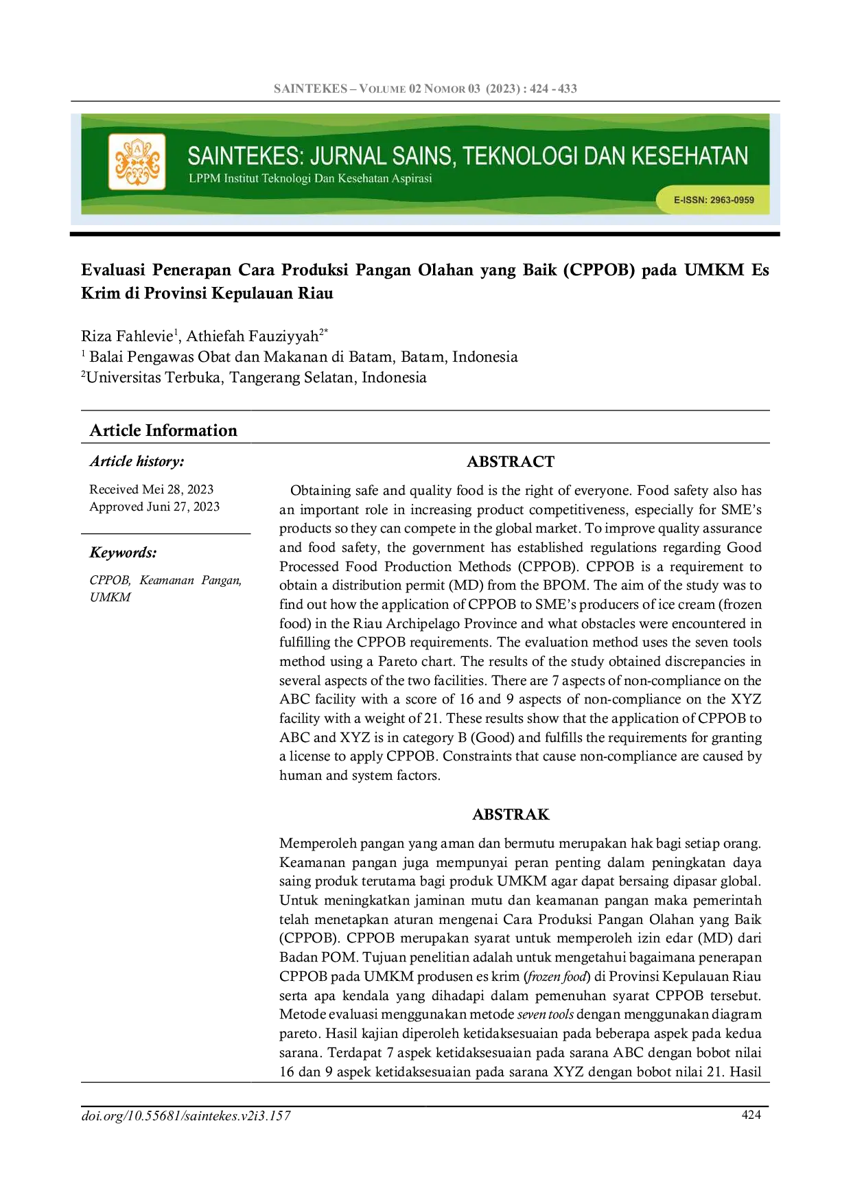 JURIS Evaluasi Penerapan Cara Produksi Pangan Olahan yang Baik CPPOB pada UMKM Es Krim di Provinsi Kepulauan Riau