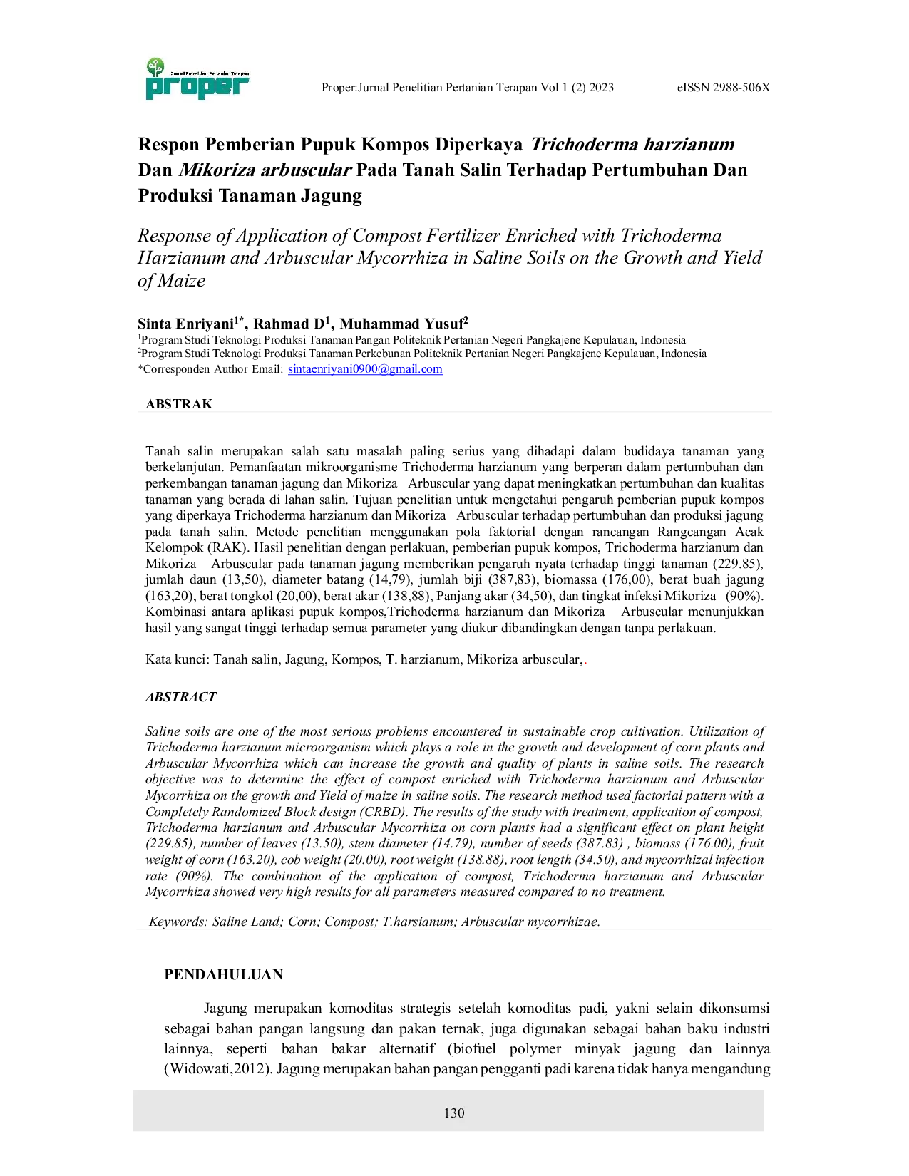 juris Response of Application of Compost Fertilizer Enriched with Trichoderma Harzianum and Arbuscular Mycorrhiza in Saline Soils on the Growth and Yield of Maize Respon Pemberian Pupuk Kompos Diperkaya Tr