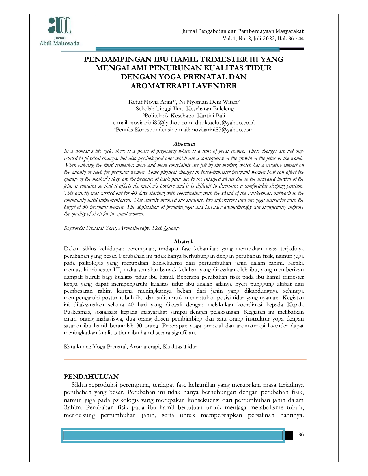 JURIS Penerapan Yoga Prenatal dan Aromaterapi Lavender Untuk Meningkatkan Kualitas Tidur Ibu Pada Kehamilan Trimester Ketiga