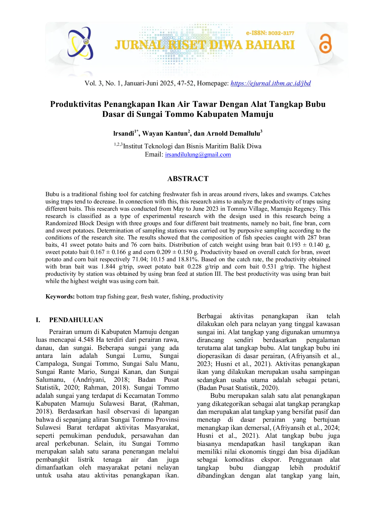 JURIS Produktivitas Penangkapan Ikan Air Tawar Dengan Alat Tangkap Bubu Dasar di Sungai Tommo Kabupaten Mamuju
