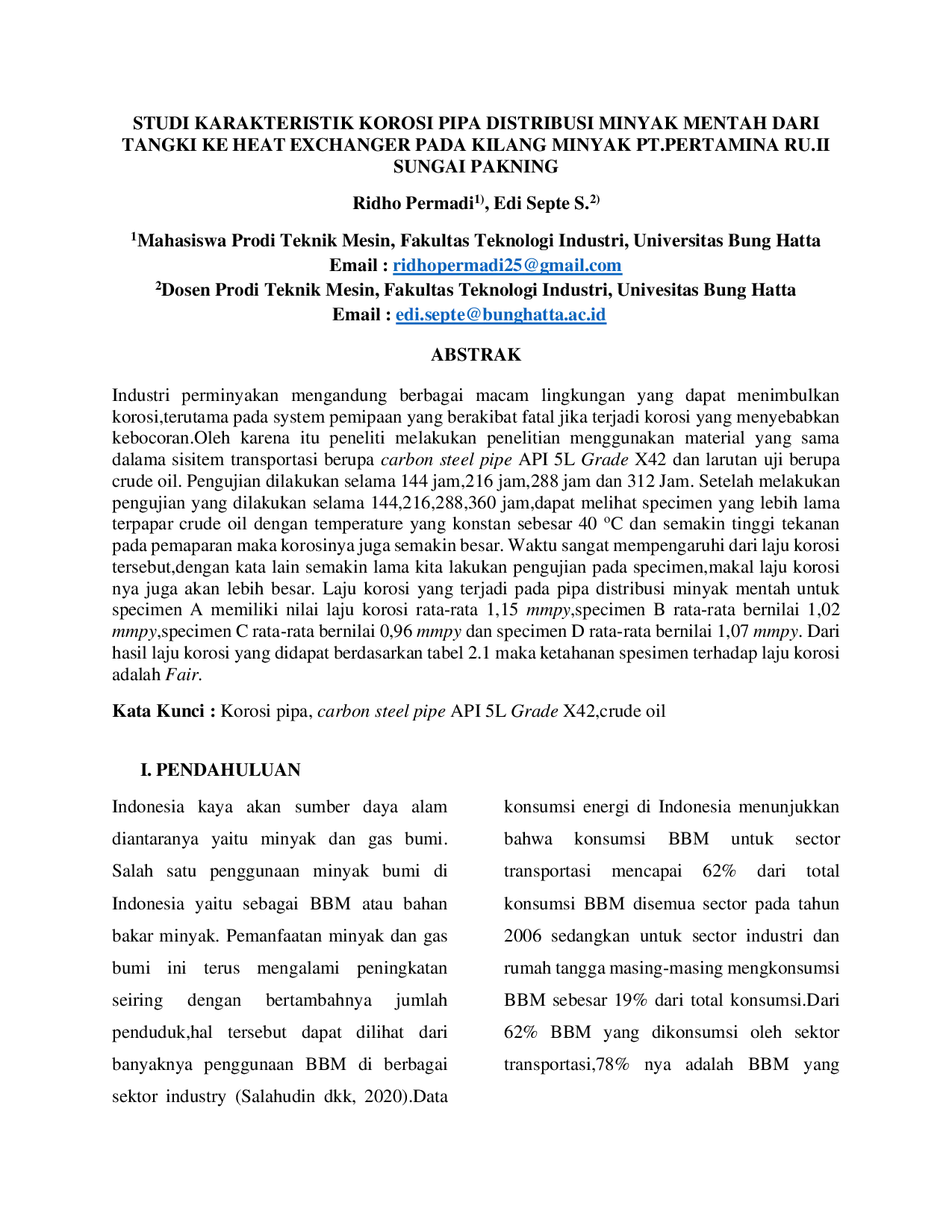 JURIS Studi Karakteristik Korosi Pipa Distribusi Minyak Mentah Dari Tangki Ke Heat Exchanger Pada Kilang Minyak Pt Pertamina Ru Ii Sungai Pakning