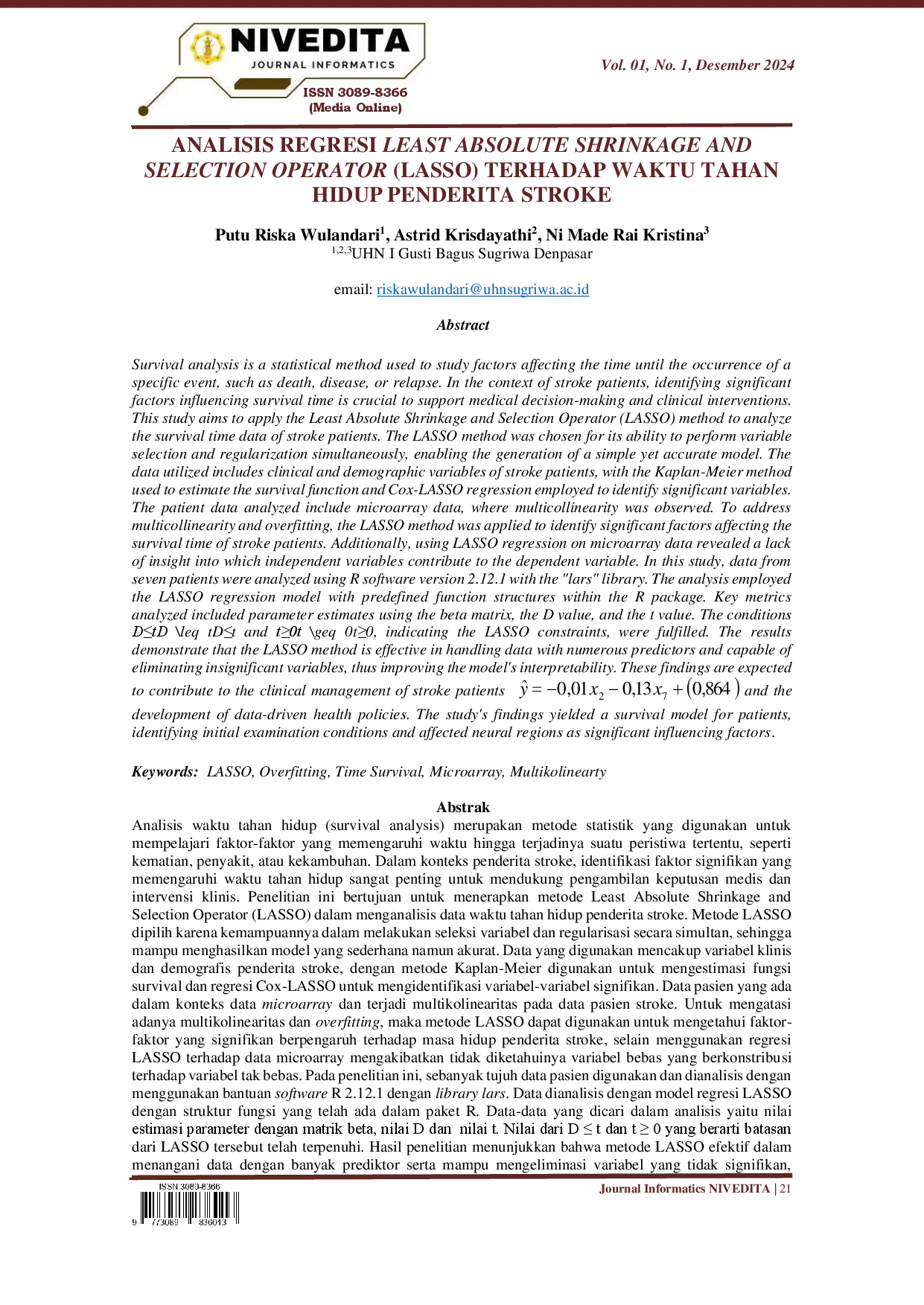 juris Analisis Regresi Least Absolute Shrinkage and Selection Operator Lasso Terhadap Waktu Tahan Hidup Penderita Stroke