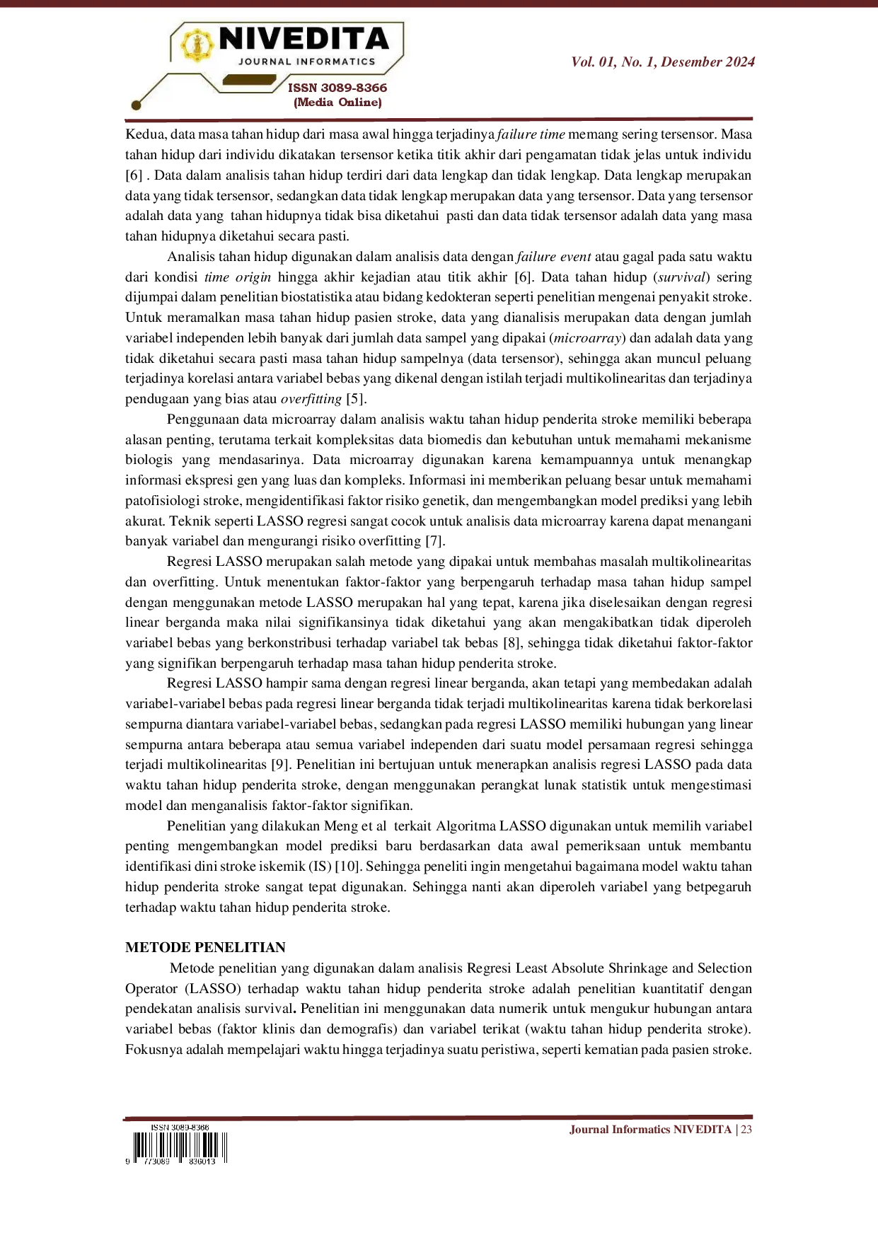 juris Analisis Regresi Least Absolute Shrinkage and Selection Operator Lasso Terhadap Waktu Tahan Hidup Penderita Stroke