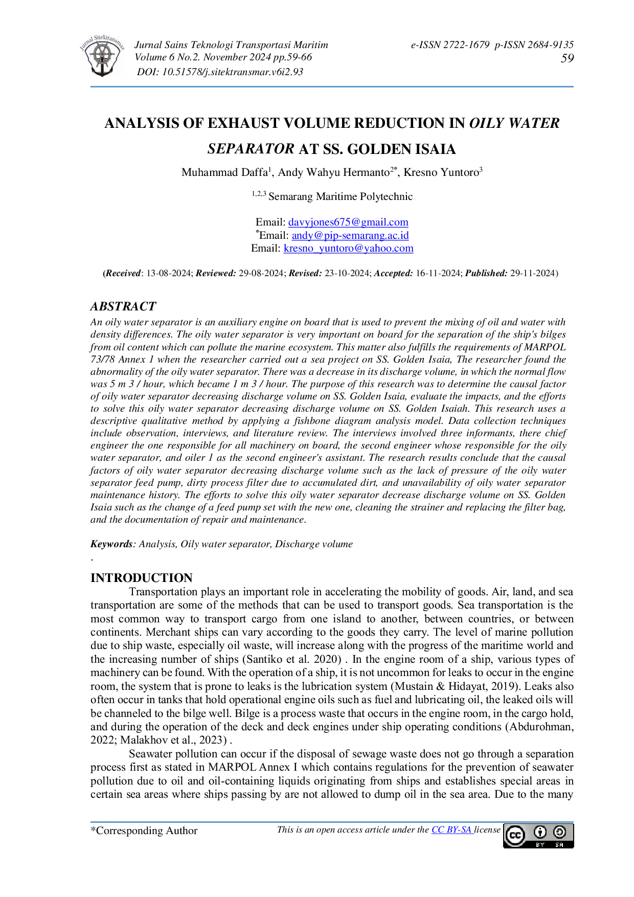 JURIS Analysis Of Exhaust Volume Reduction In Oily Water Separator At SS GOLDEN ISAIA