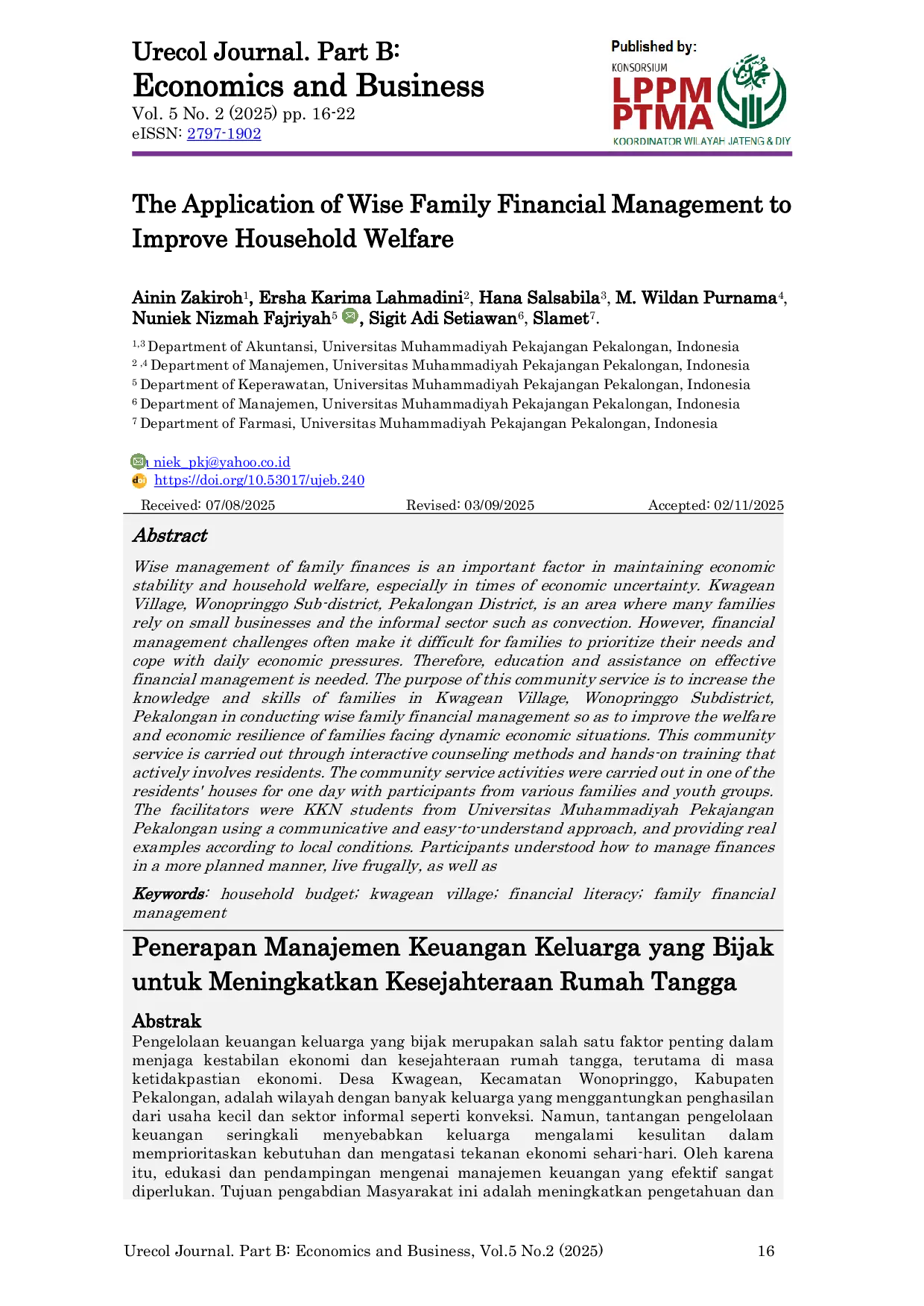 JURIS The Application of Wise Family Financial Management to Improve Household Welfare