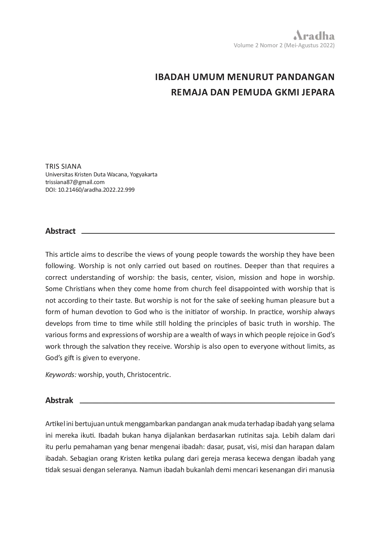 JURIS Ibadah Umum Menurut Pandangan Remaja dan Pemuda GKMI Jepara