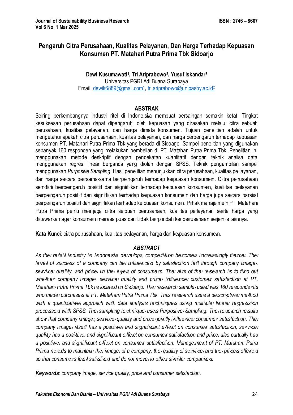 JURIS Pengaruh Citra Perusahaan Kualitas Pelayanan Dan Harga Terhadap Kepuasan Konsumen PT Matahari Putra Prima Tbk Sidoarjo