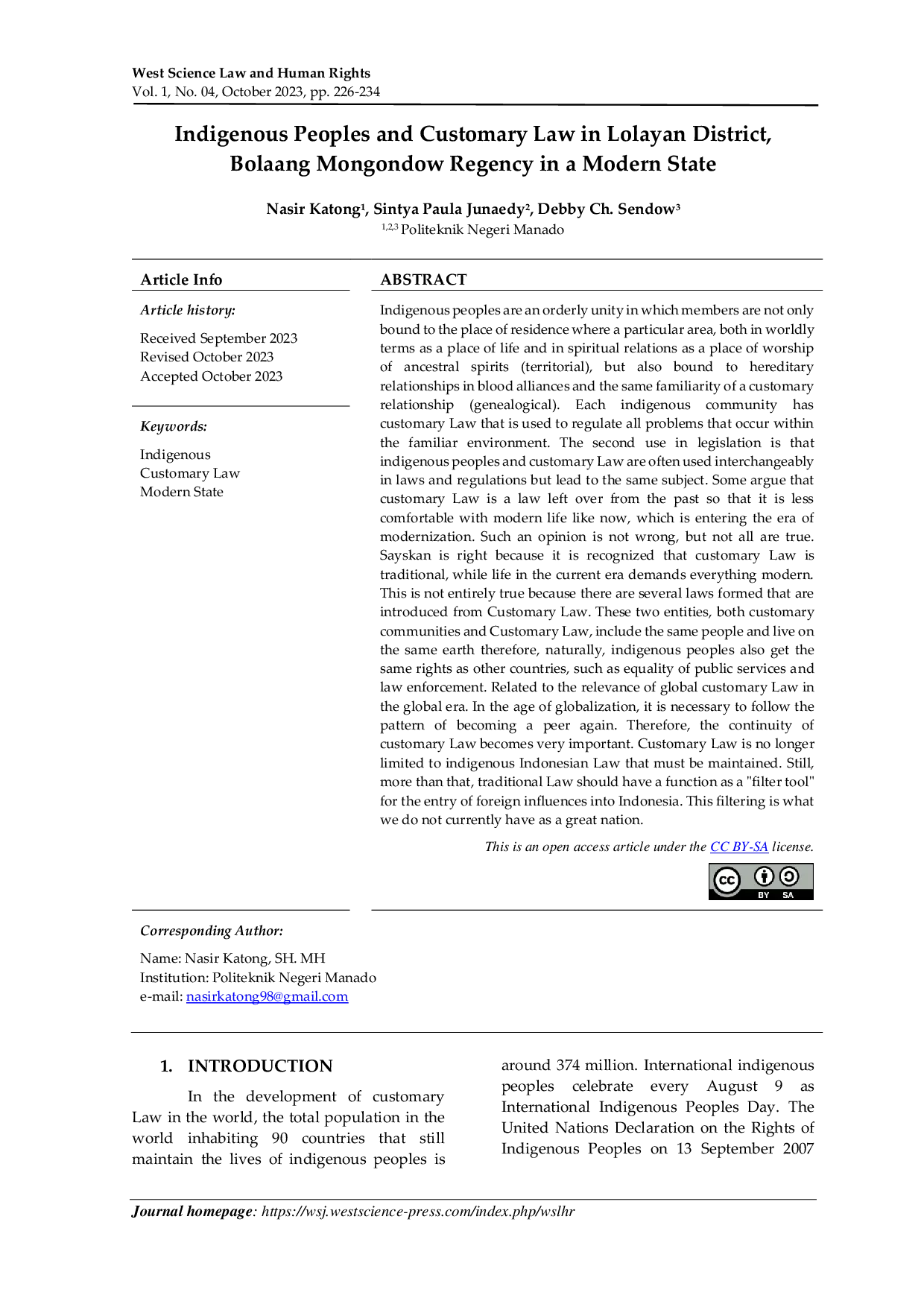 JURIS Indigenous Peoples and Customary Law in Lolayan District Bolaang Mongondow Regency in a Modern State