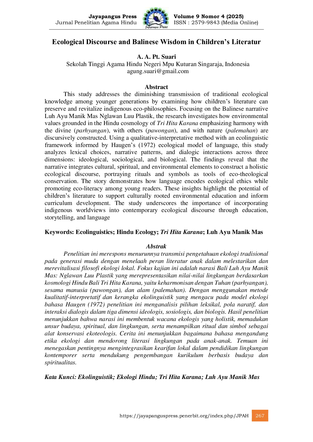 JURIS Ecological Discourse and Balinese Wisdom in Children s Literatur