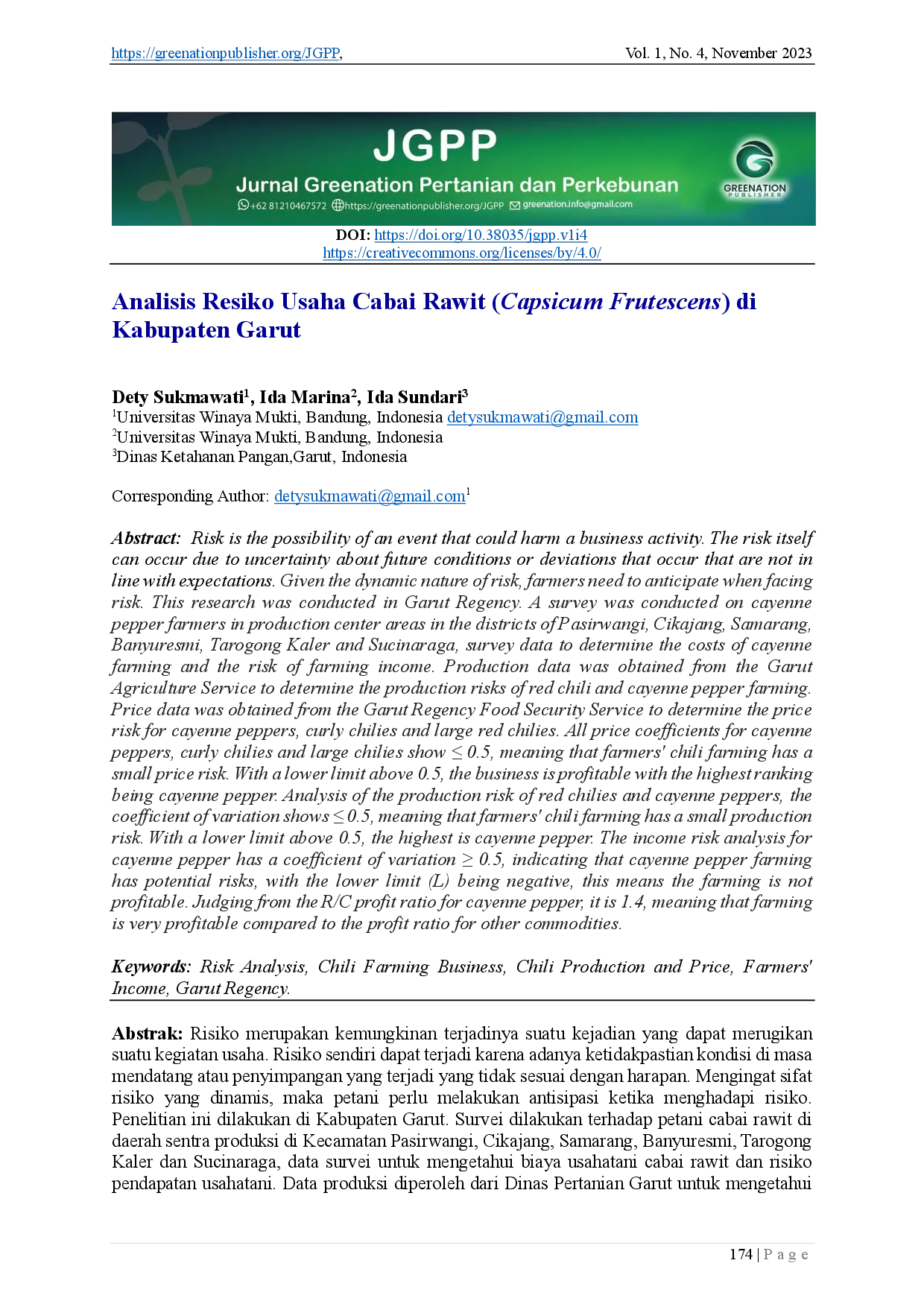 juris Analisis Resiko Usaha Cabai Rawit Capsicum Frutescens di Kabupaten Garut