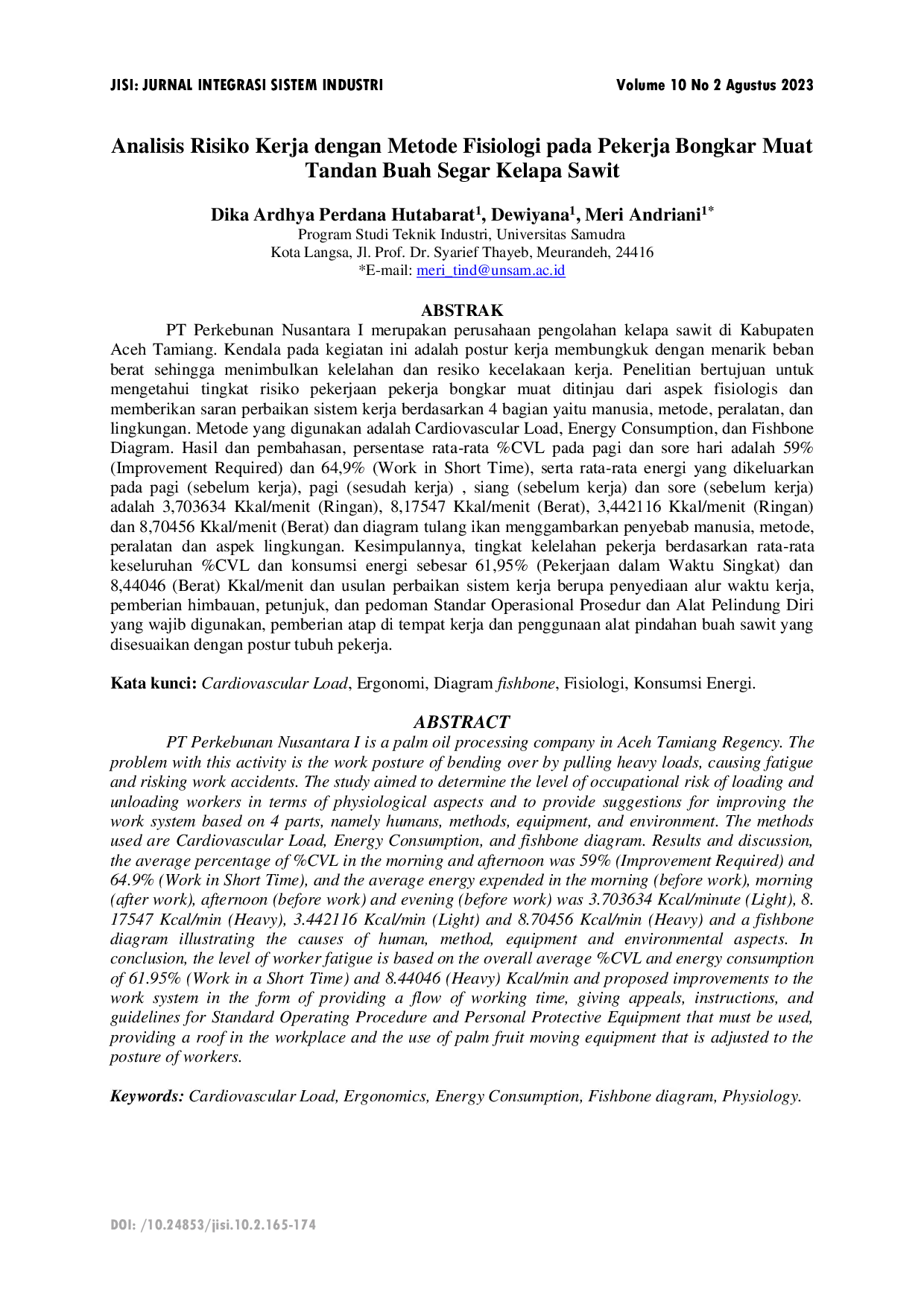 JURIS Analisis Risiko Kerja Dengan Metode Fisiologi Pada Pekerja Bongkar Muat Tandan Buah Segar Kelapa Sawit