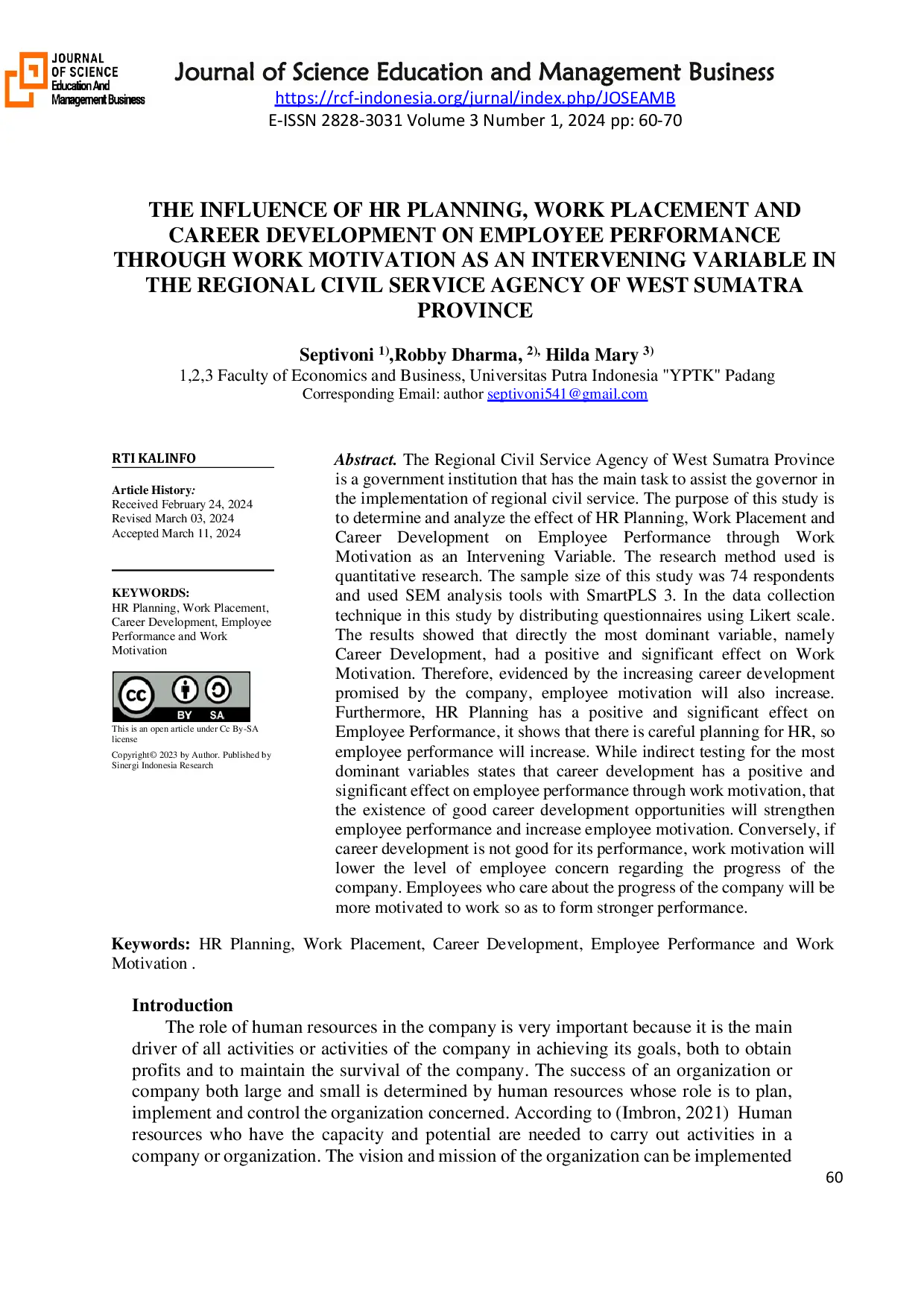 JURIS The Influence Of HR Planning Work Placement And Career Development On Employee Performance Through Work Motivation As An Intervening Variable In The Regional Civil Service Agency Of West Sumatra Prov