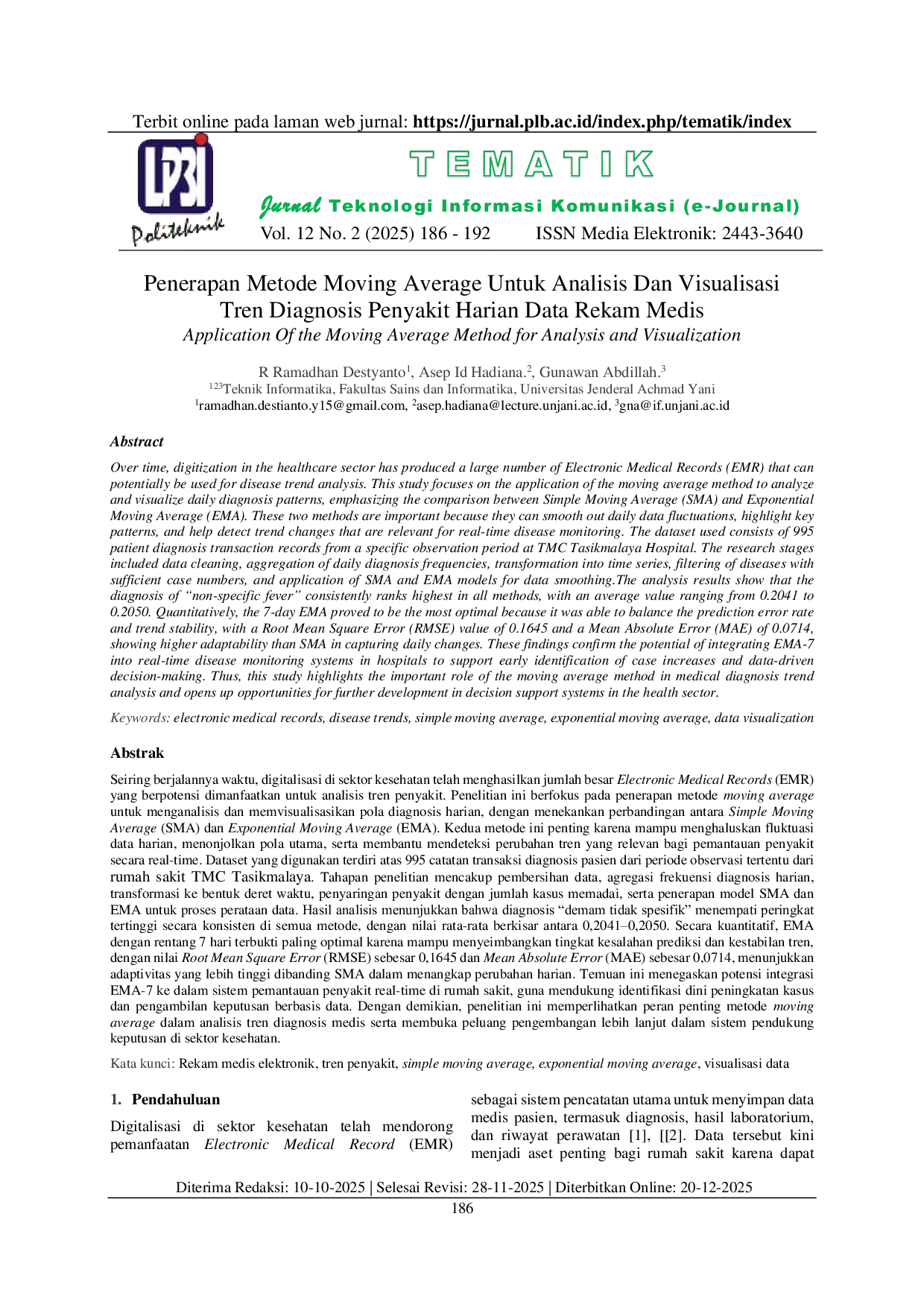 JURIS Penerapan Metode Moving Average Untuk Analisis Dan Visualisasi Tren Diagnosis Penyakit Harian Data Rekam Medis
