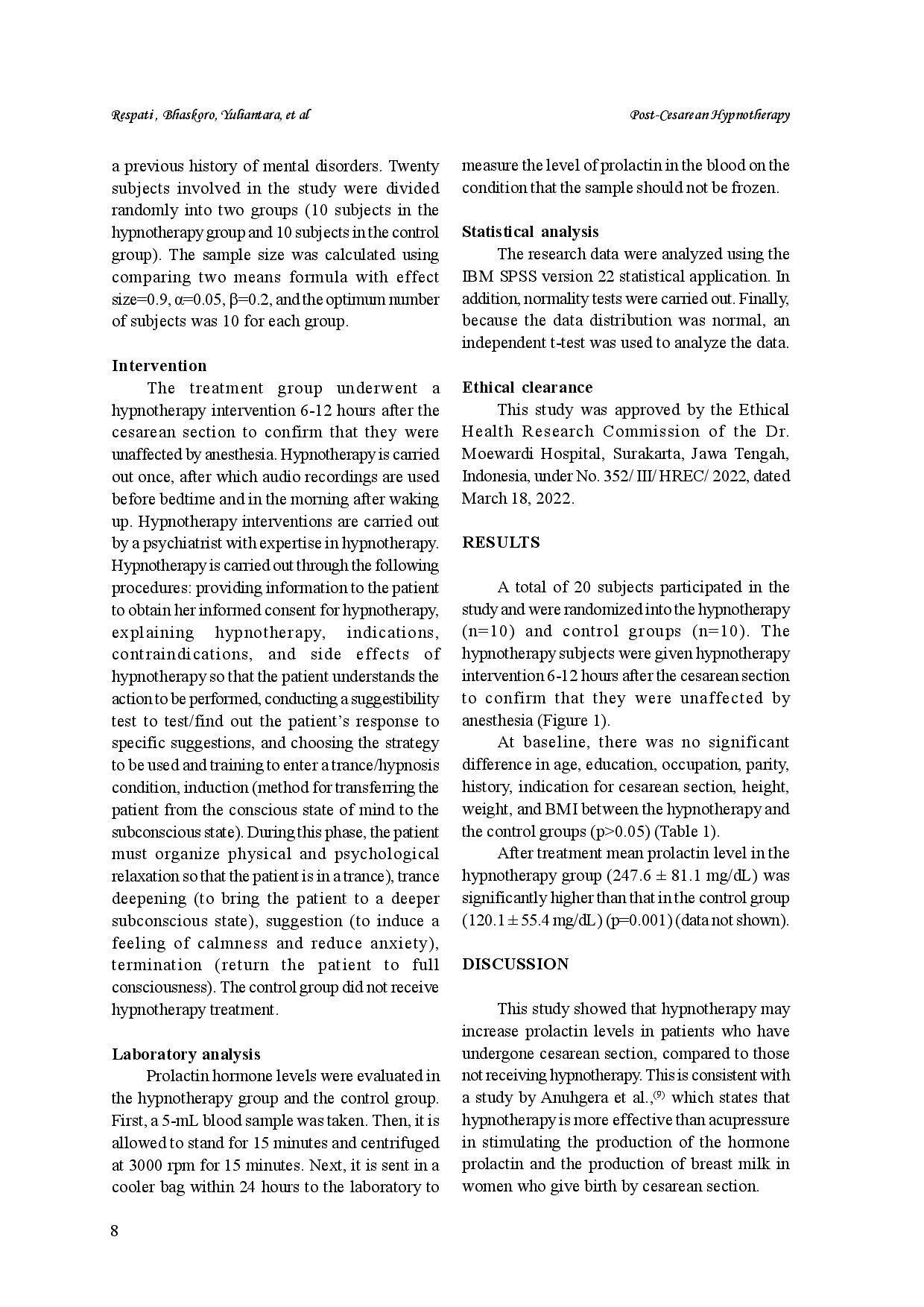 juris Effect of hypnotherapy on prolactin level in women after cesarean section
