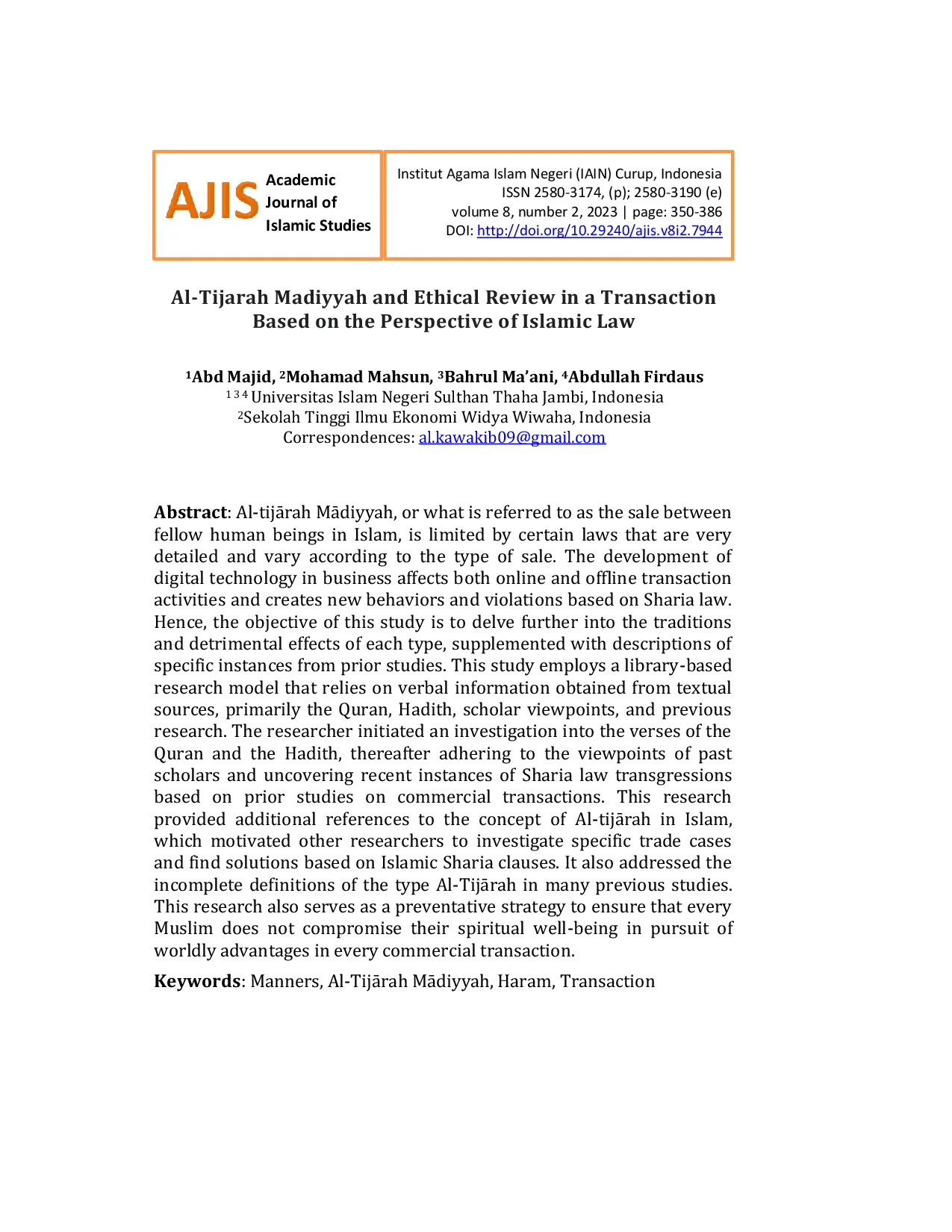 JURIS Al Tijarah Madiyyah and Ethical Review in a Transaction Based on the Perspective of Islamic Law