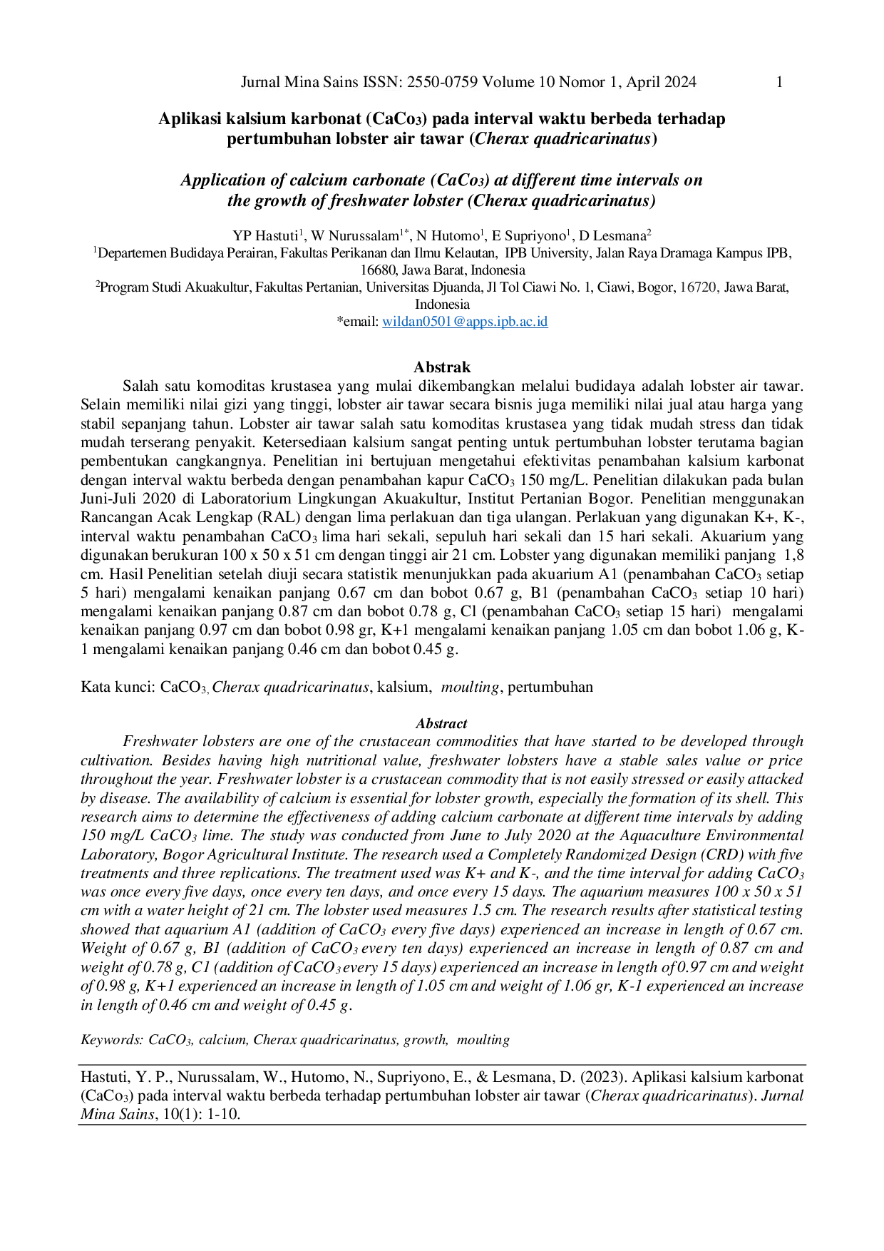 JURIS Application of calcium carbonate CaCo3 at different time intervals on the growth of freshwater lobster Cherax quadricarinatus