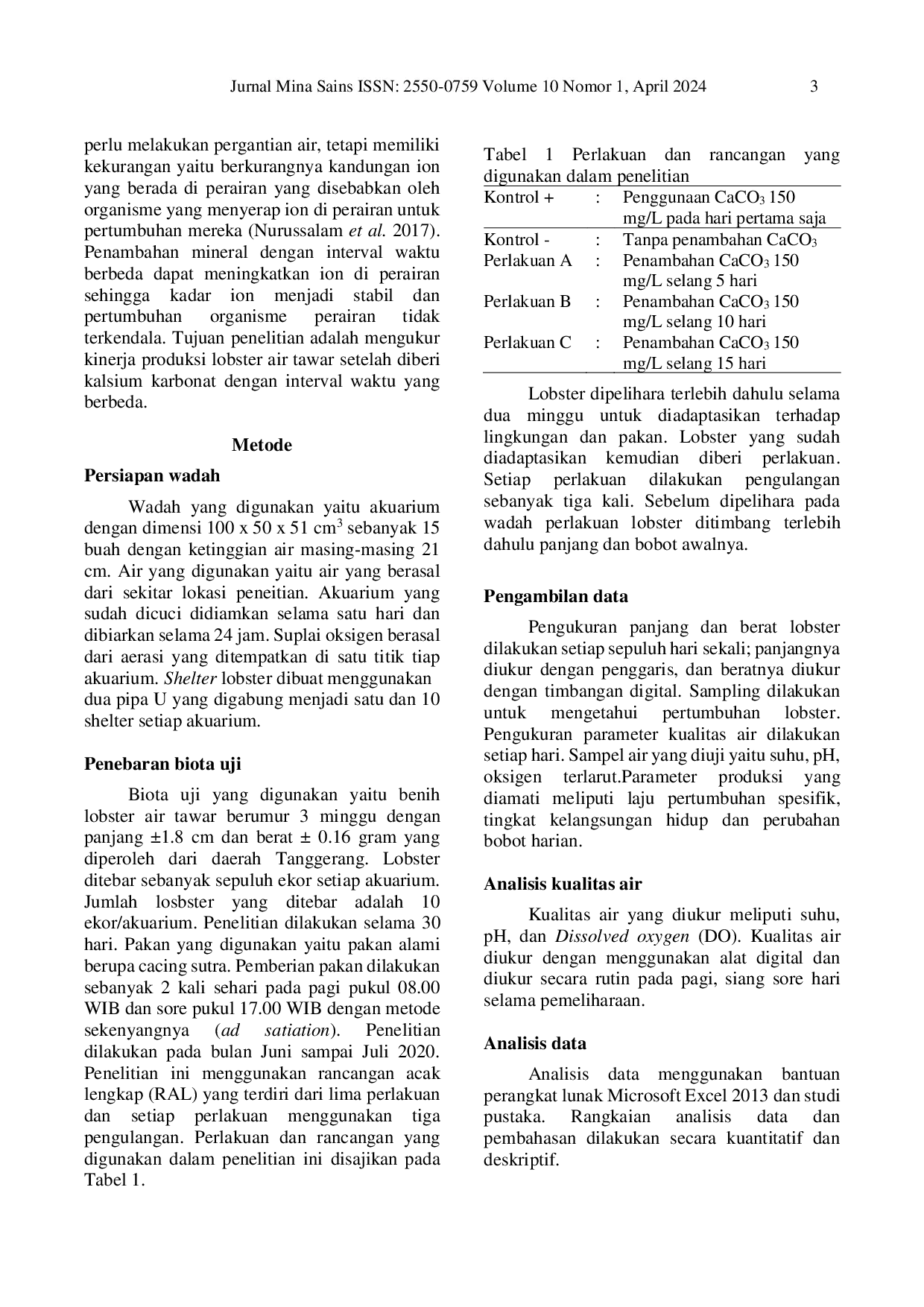 JURIS Application of calcium carbonate CaCo3 at different time intervals on the growth of freshwater lobster Cherax quadricarinatus