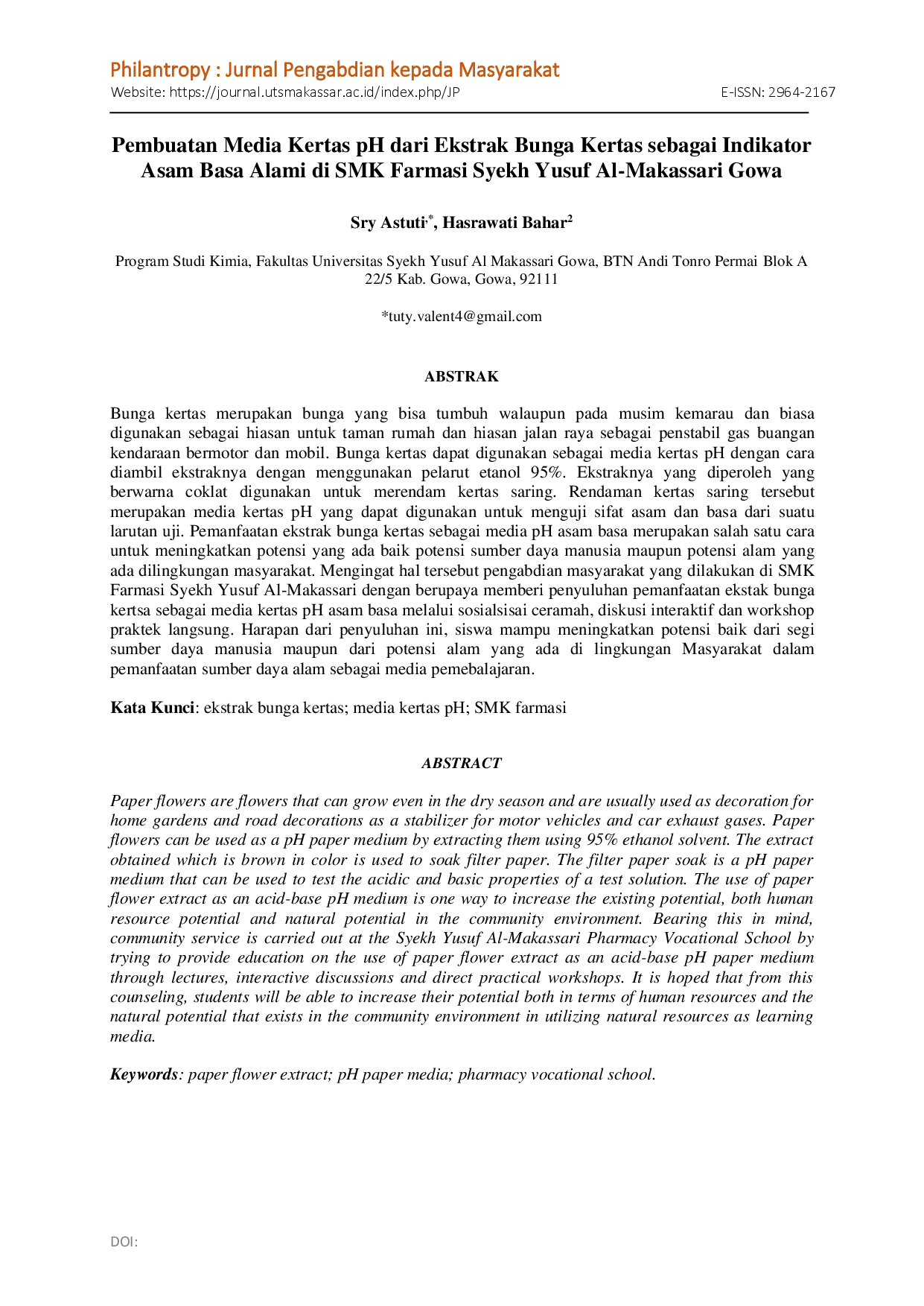 juris Pembuatan Media Kertas pH dari Ekstrak Bunga Kertas sebagai Indikator Asam Basa Alami di SMK Farmasi Syekh Yusuf Al Makassari Gowa