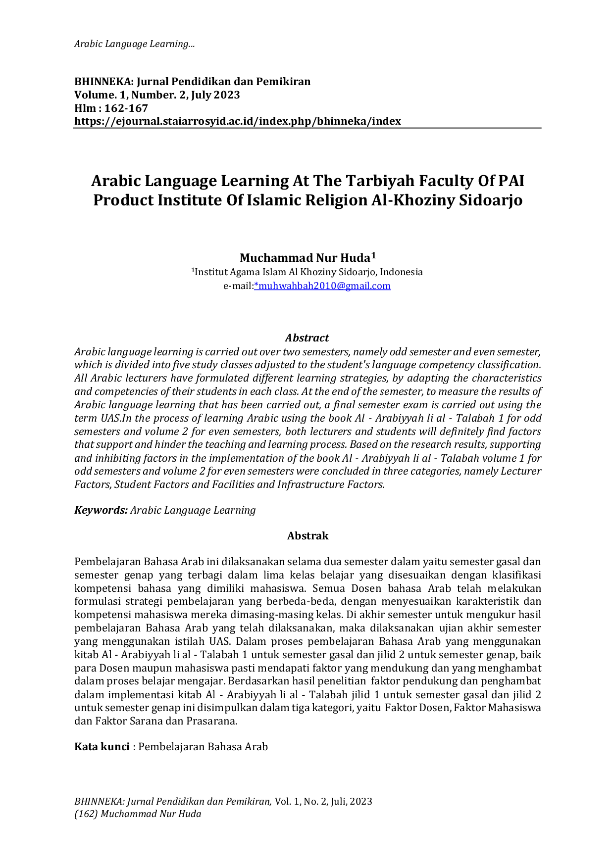 JURIS Arabic Language Learning At The Tarbiyah Faculty Of PAI Product Institute Of Islamic Religion Al Khoziny Sidoarjo