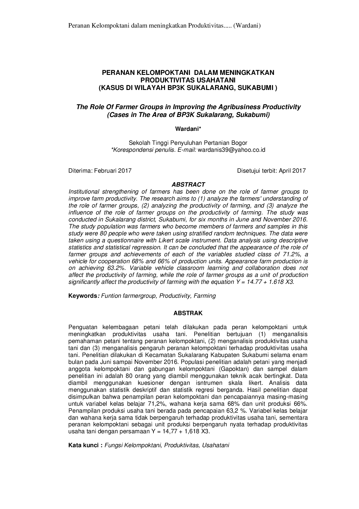 JURIS Peranan Kelompoktani Dalam Meningkatkan Produktivitas Usahatani Kasus Di Wilayah BP3K Sukalarang Sukabumi