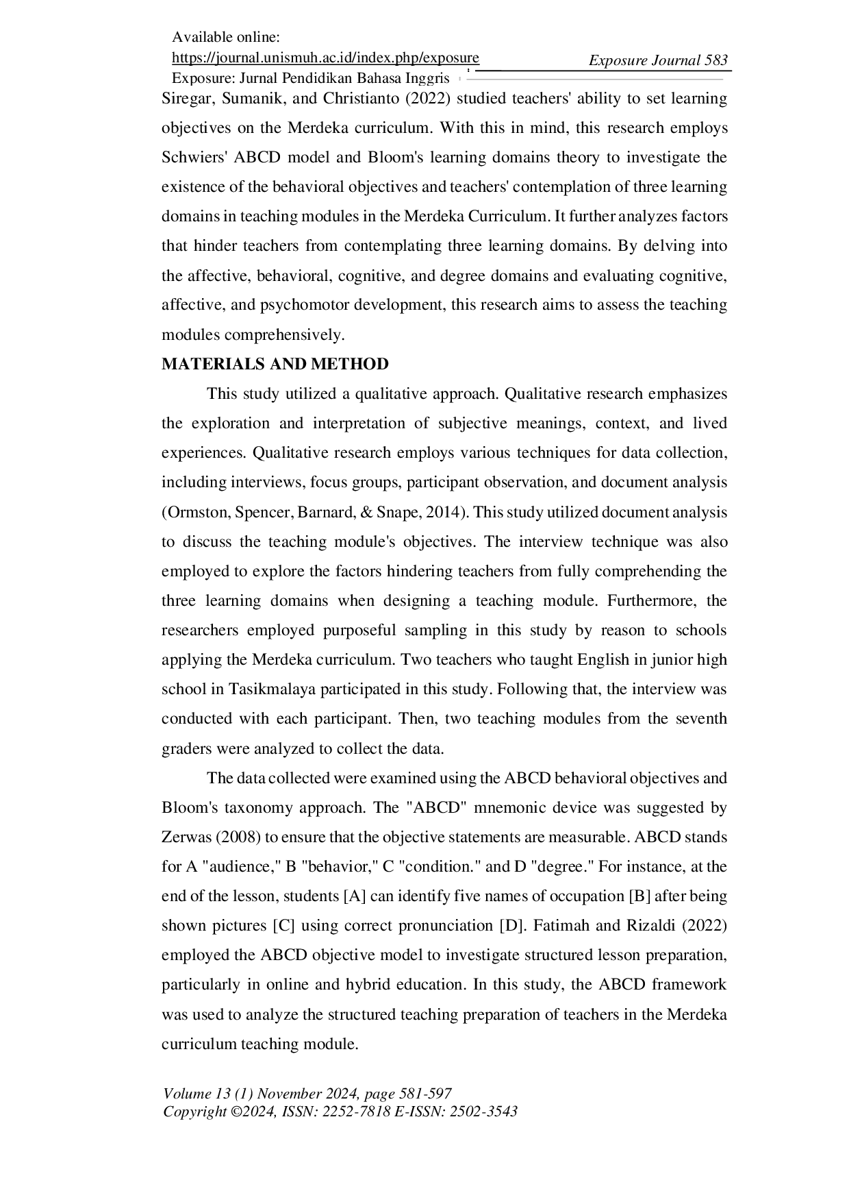 JURIS Evaluating the Integration of ABCD Behavioral Objectives and Bloom s Learning Domains in the Merdeka Curriculum Lesson Preparation Insights and Challenges