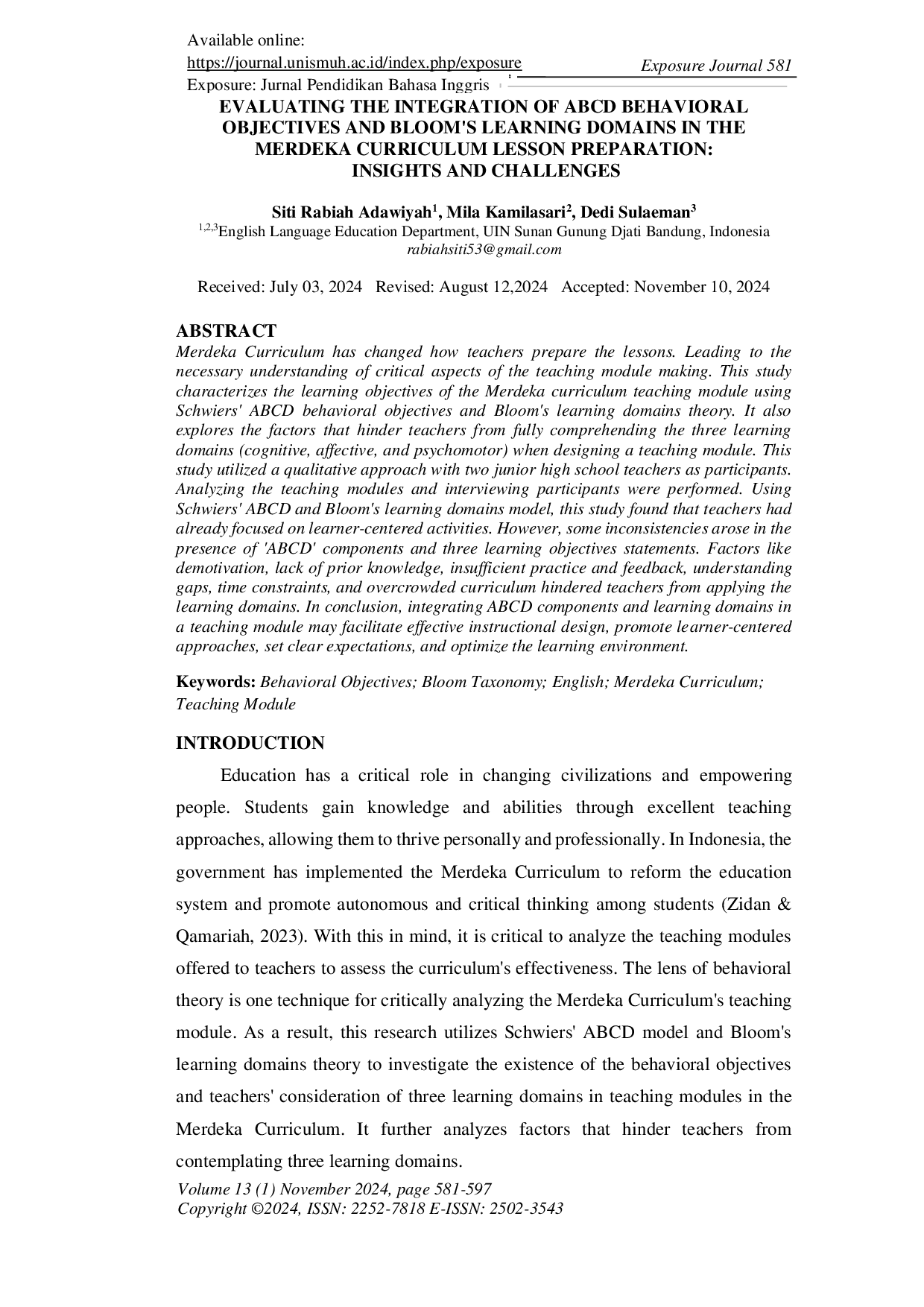JURIS Evaluating the Integration of ABCD Behavioral Objectives and Bloom s Learning Domains in the Merdeka Curriculum Lesson Preparation Insights and Challenges