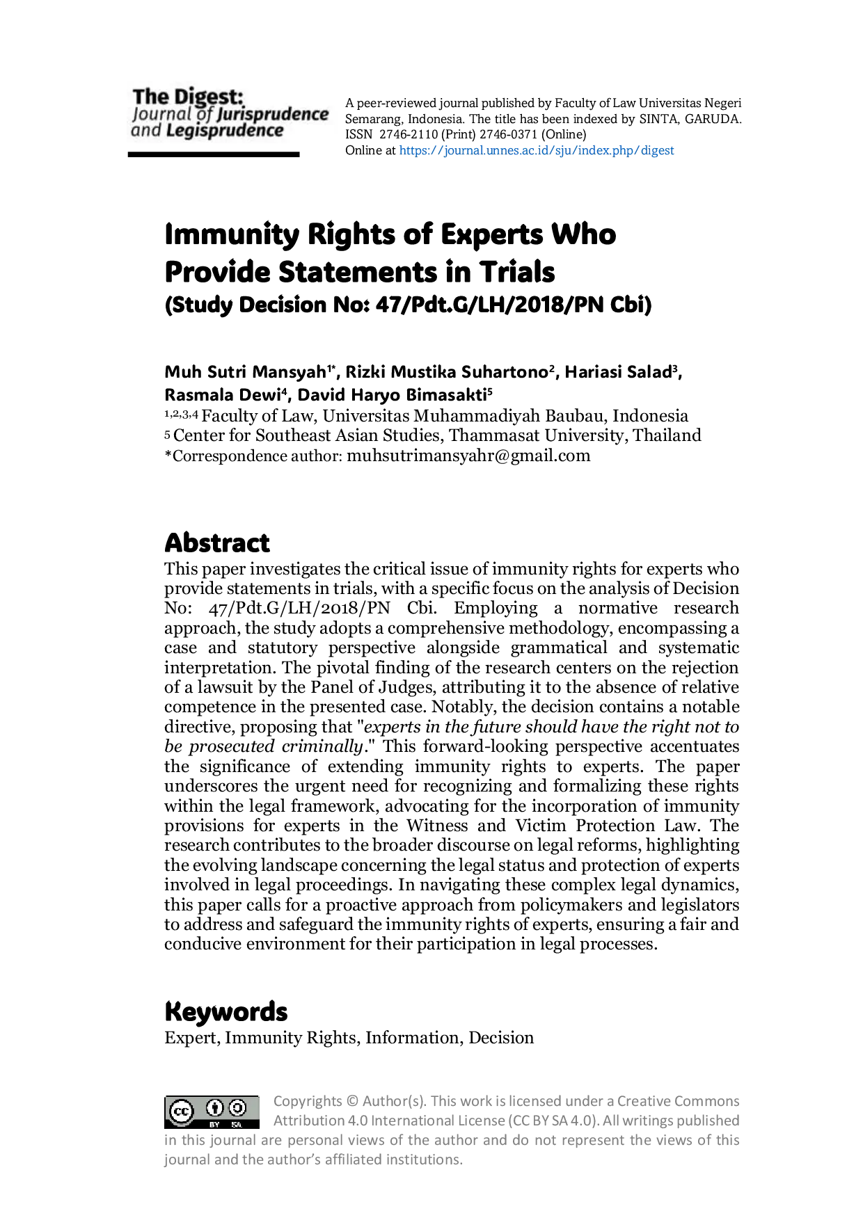 JURIS Immunity Rights of Experts Who Provide Statements in Trials Study Decision No 47 Pdt G LH 2018 PN Cbi