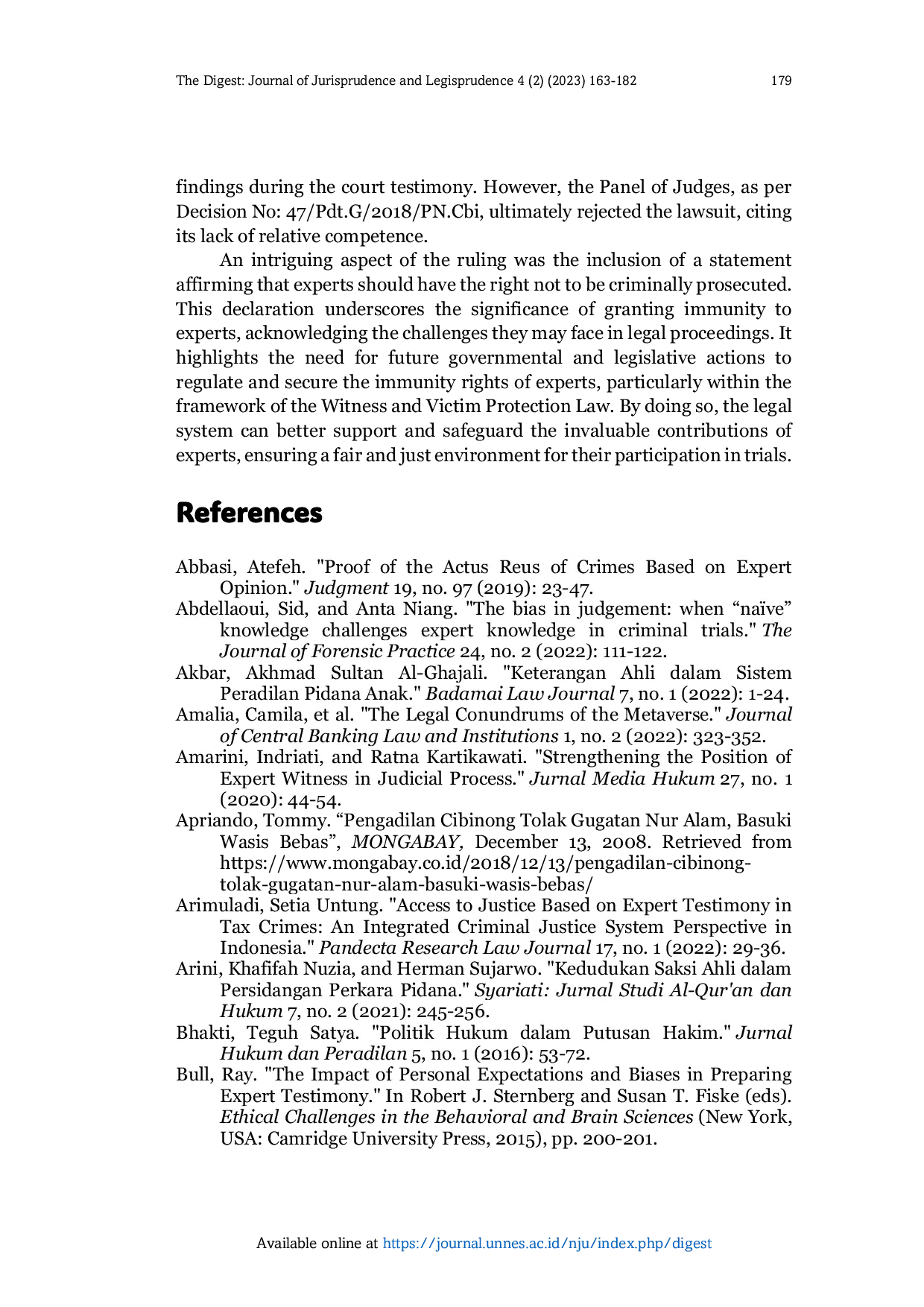 JURIS Immunity Rights of Experts Who Provide Statements in Trials Study Decision No 47 Pdt G LH 2018 PN Cbi